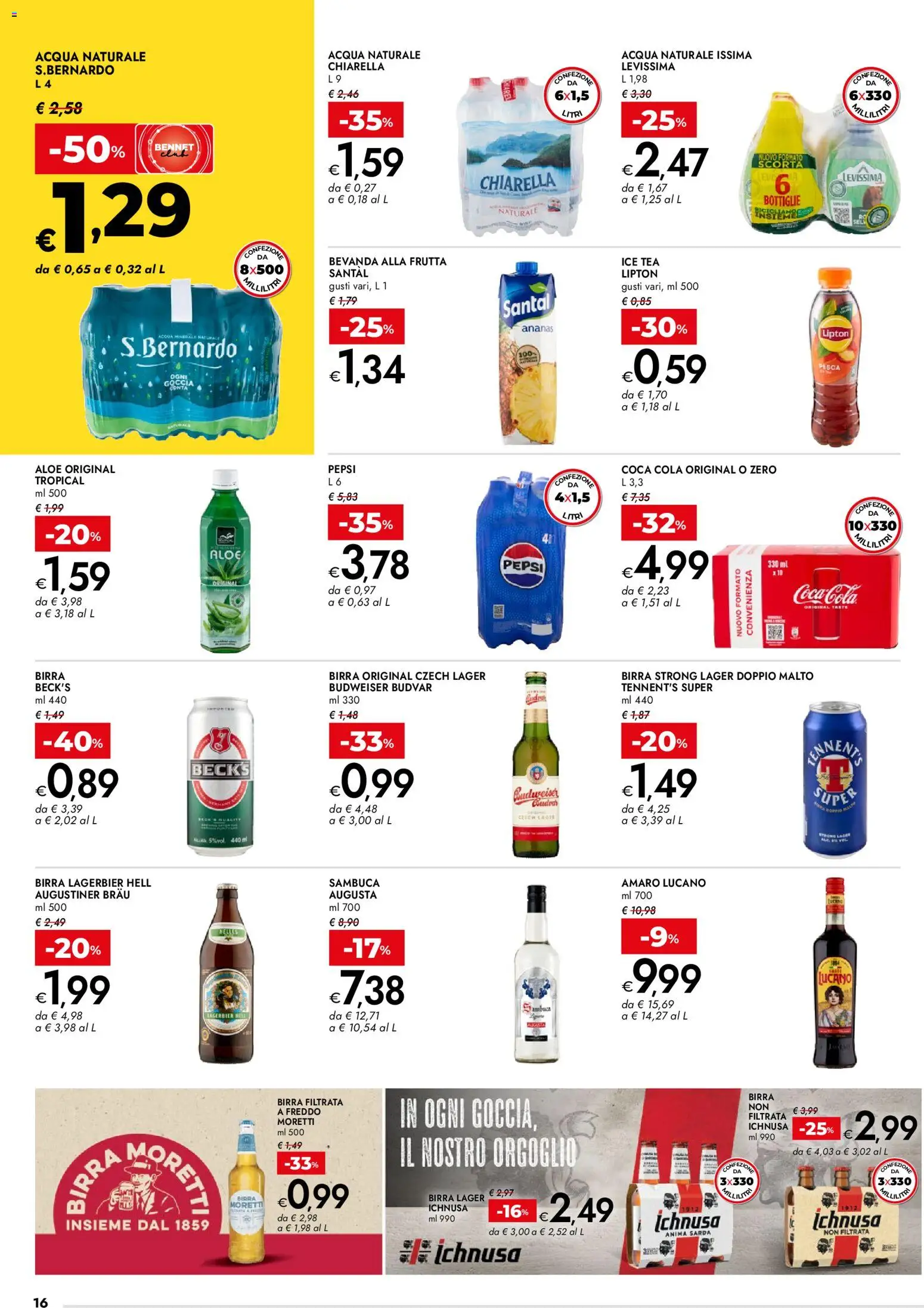 Volantino bennet del 15.01.2026 | Pagina: 16 | Prodotti: Frutta, Birra Moretti, Acqua naturale, Coca Cola