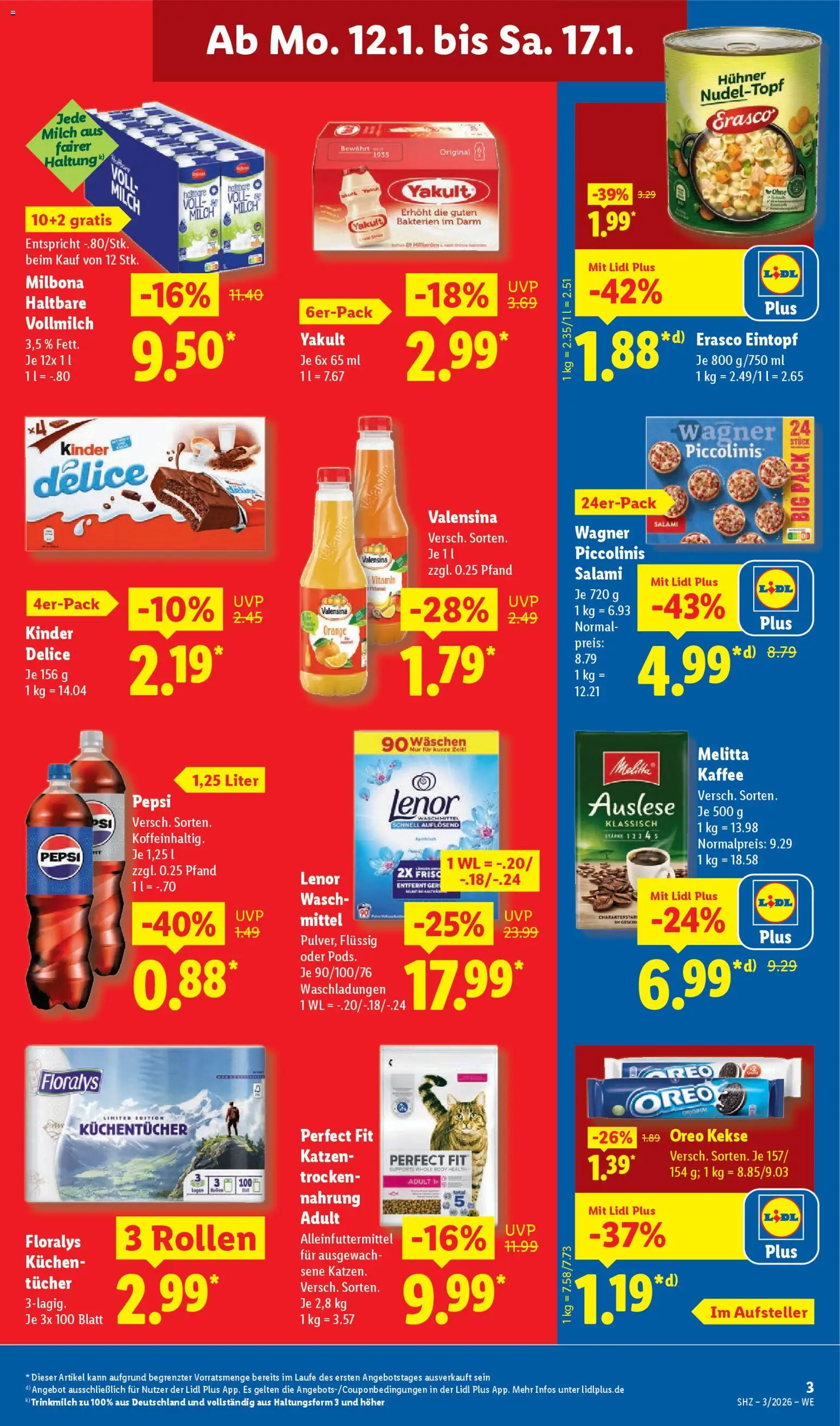 Lidl Prospekt Aarbergen – gültig ab 12.01.2026 | Seite: 3 | Produkte: Melitta, Salami, Kuchen, Erasco