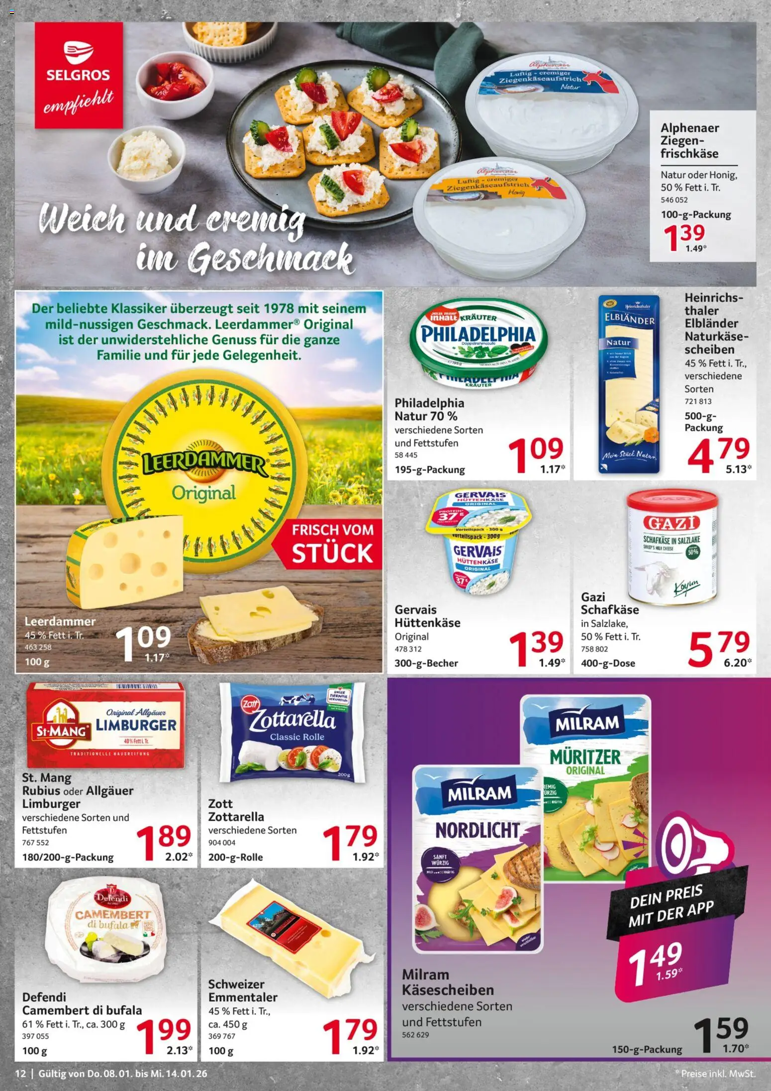 Selgros Prospekt 	 – gültig ab 08.01.2026 | Seite: 12 | Produkte: Philadelphia, Leerdammer, Milram, Frischkase