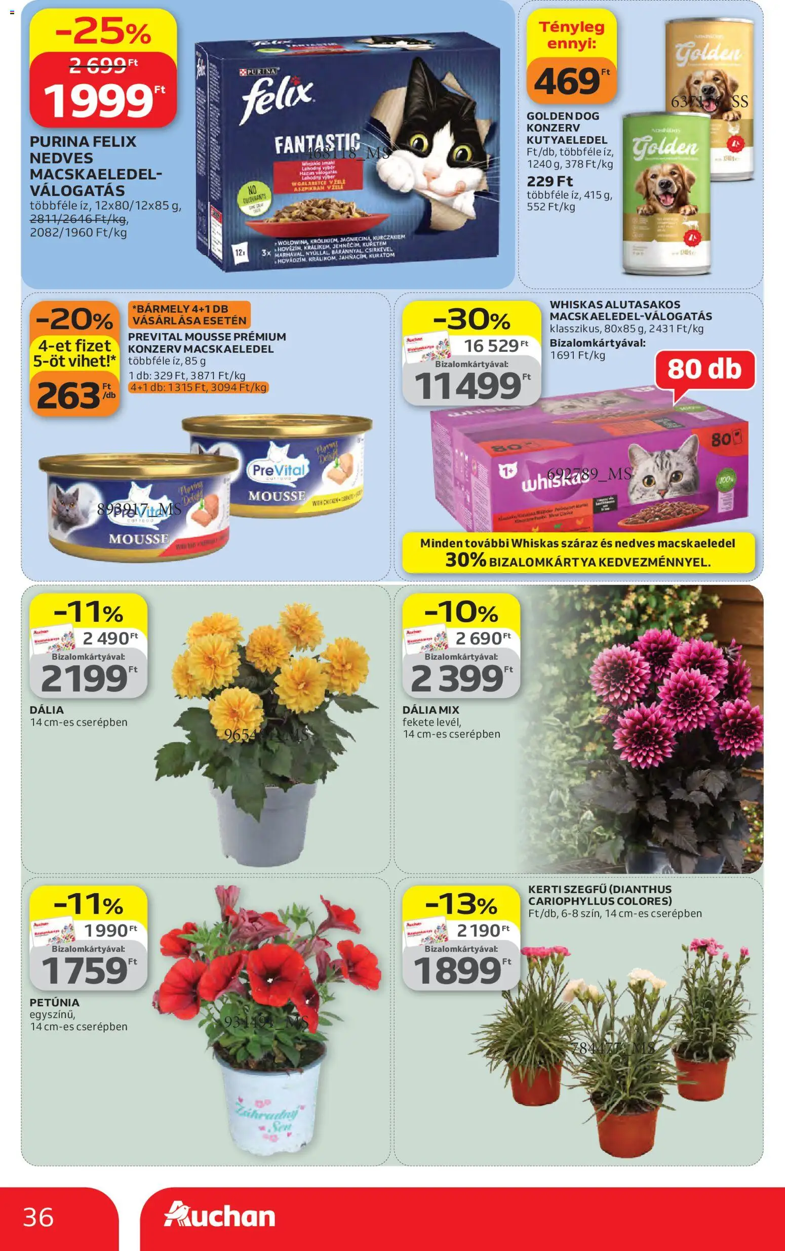 Auchan akciós ujság - amely érvényes a következő dátumtól: 23.04.2026 | Oldal: 36 | Termékek: Macskaeledel, Kutyaeledel, Whiskas