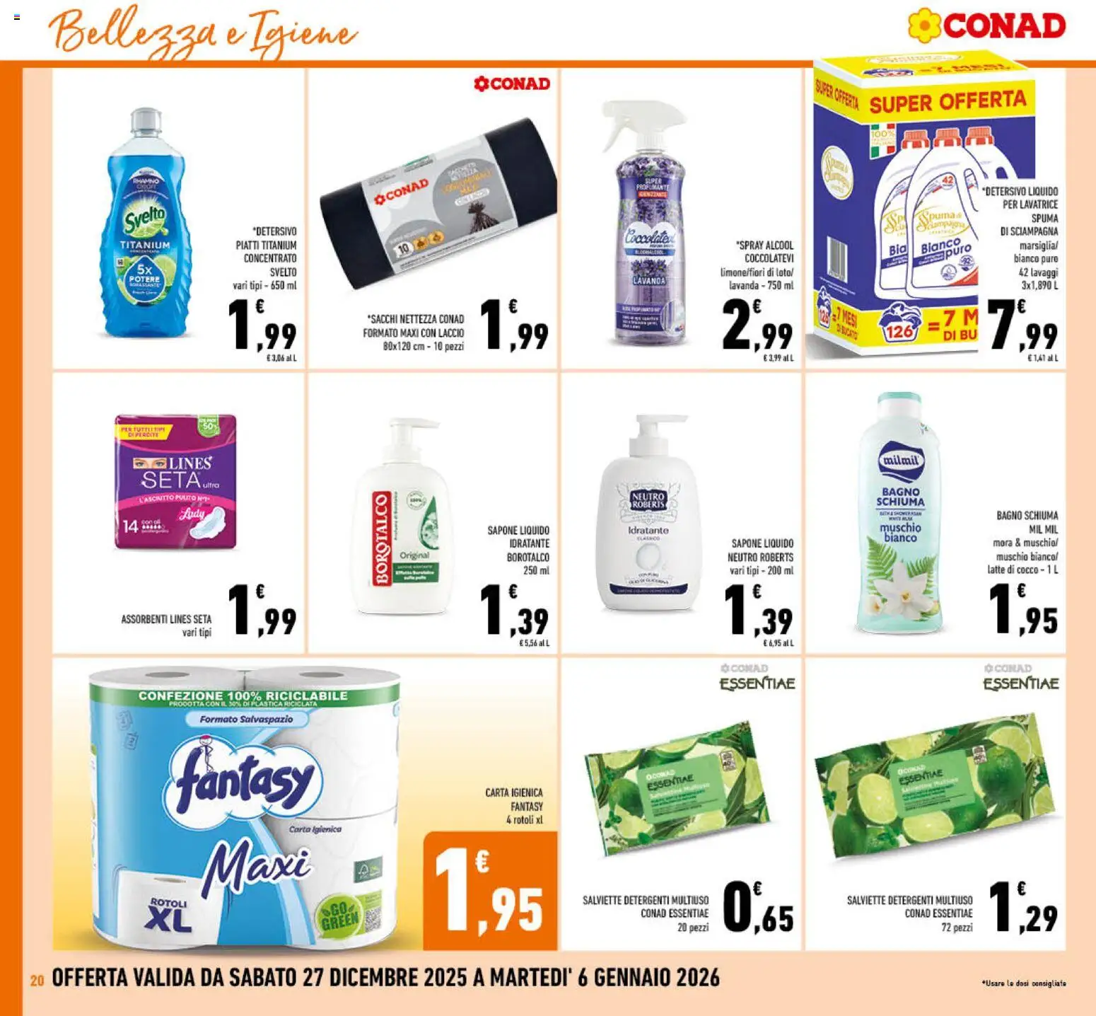 Volantino Conad del 27.12.2025 | Pagina: 20 | Prodotti: Carta igienica, Latte, Cocco, Bagno