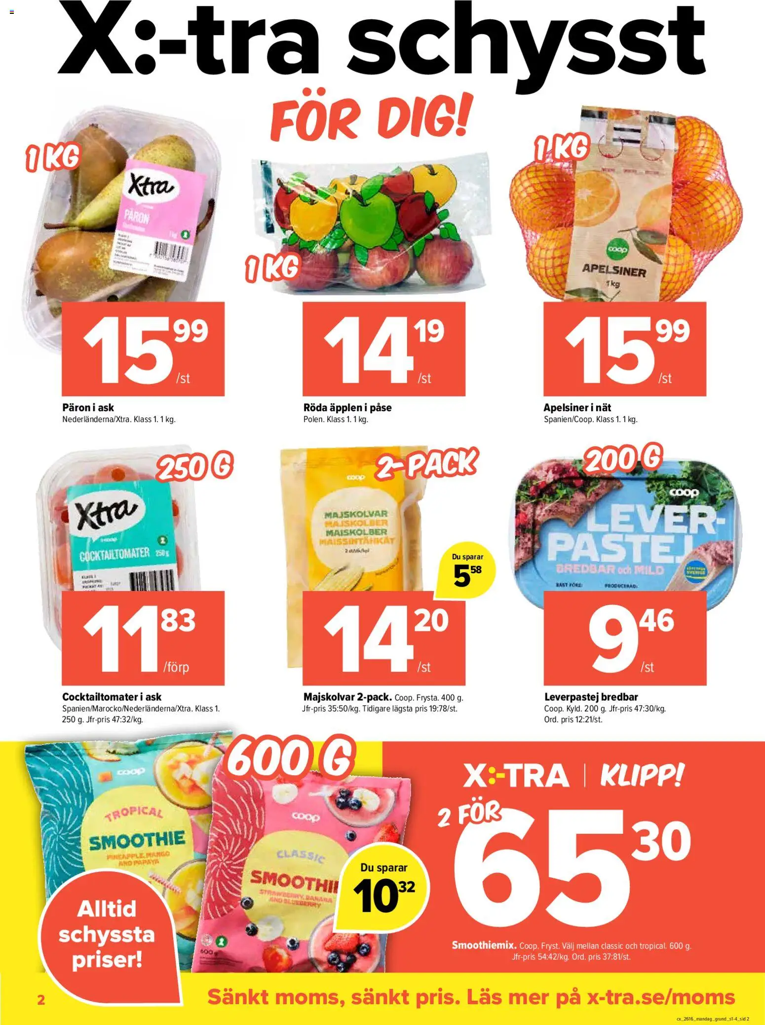 Coop X:-TRA reklamblad aktuell från 13.04.2026 | Sida: 2 | Produkter: Cocktailtomater, Apelsiner, Mango, Papaya