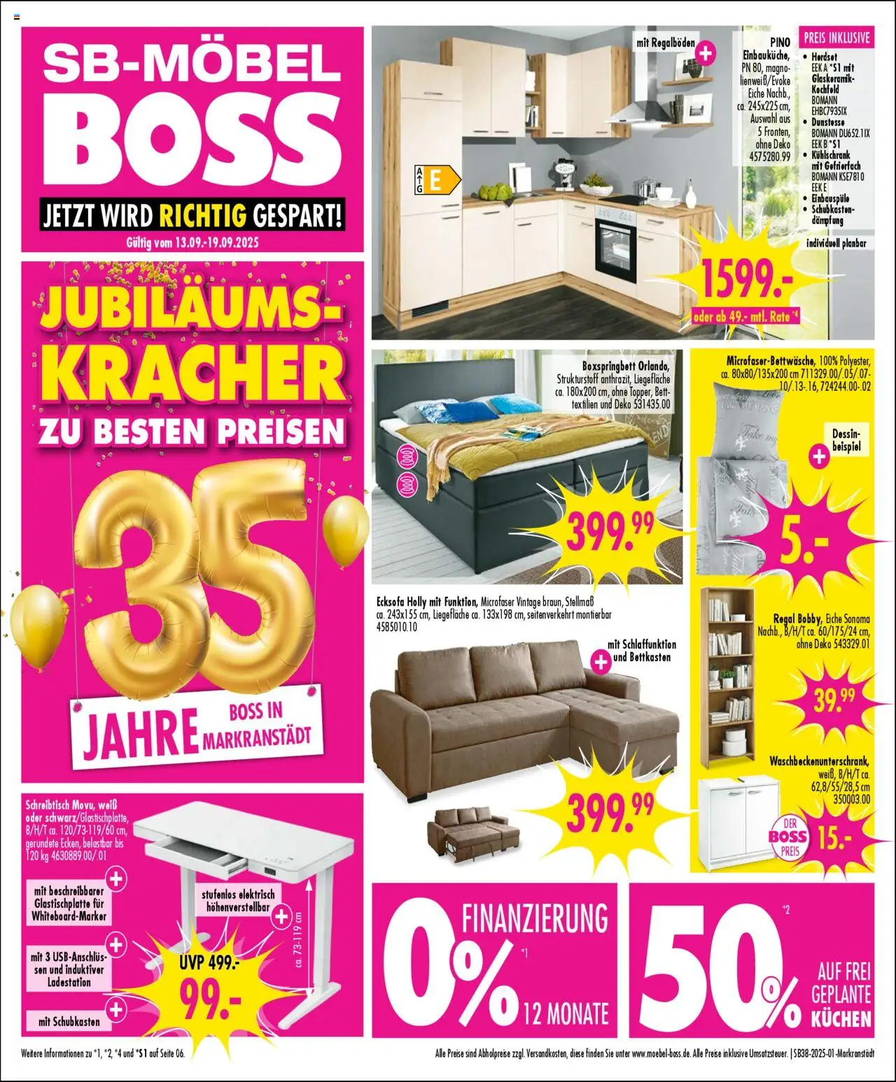 SB Möbel Boss Prospekt Markranstädt	 – gültig ab 13.09.2025 | Seite: 1 | Produkte: Boxspringbett, Regal, Kochfeld, Kuchen