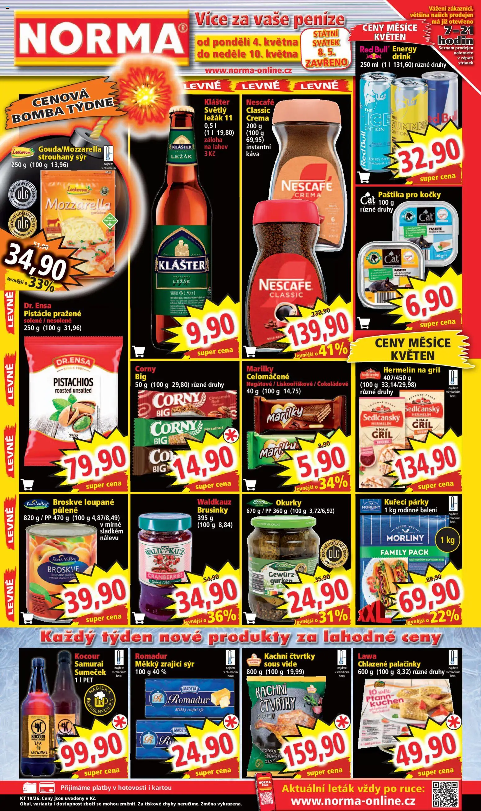 Norma leták od 04.05.2026 | Strana: 1 | Produkty: Káva, Párky, Hermelín na gril, Palačinky