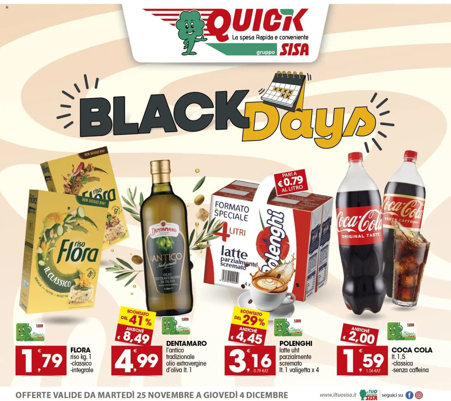 Volantino SISA del 25.11.2025 | Pagina: 1 | Prodotti: Riso, Olio, Valigetta, Coca Cola