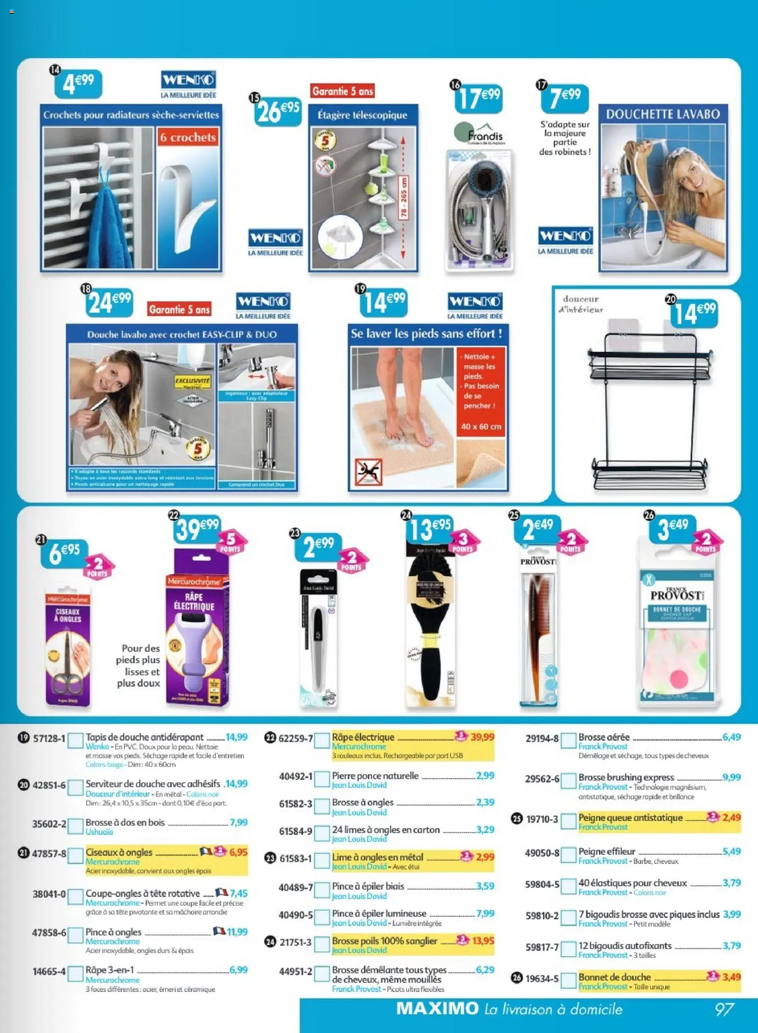 {H1} | Page: 97 | Produits: Brosse, Étagère, Lavabo, Élastiques