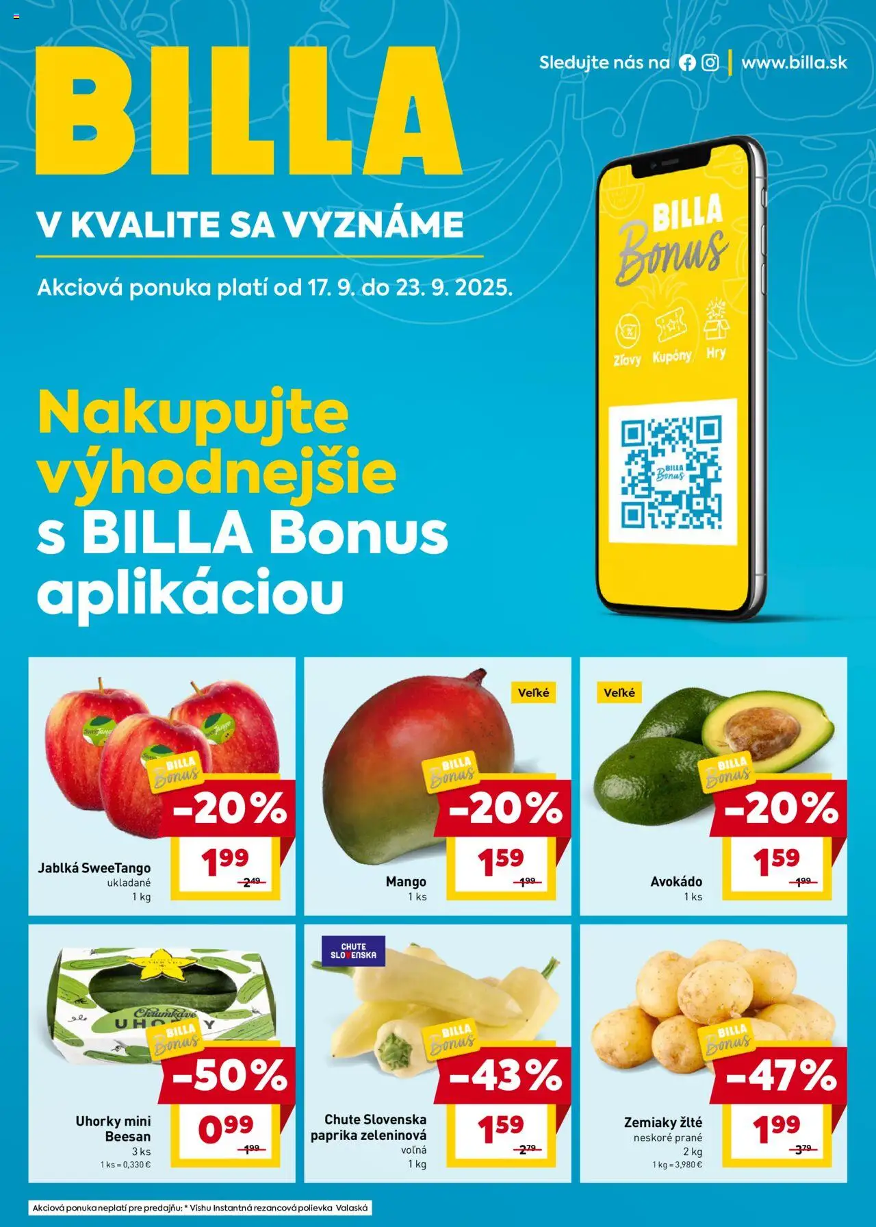 Nové Billa akcie – leták je platný od 17.09.2025 | Strana: 1 | Produkty: Jablká, Zemiaky, Mango, Uhorky
