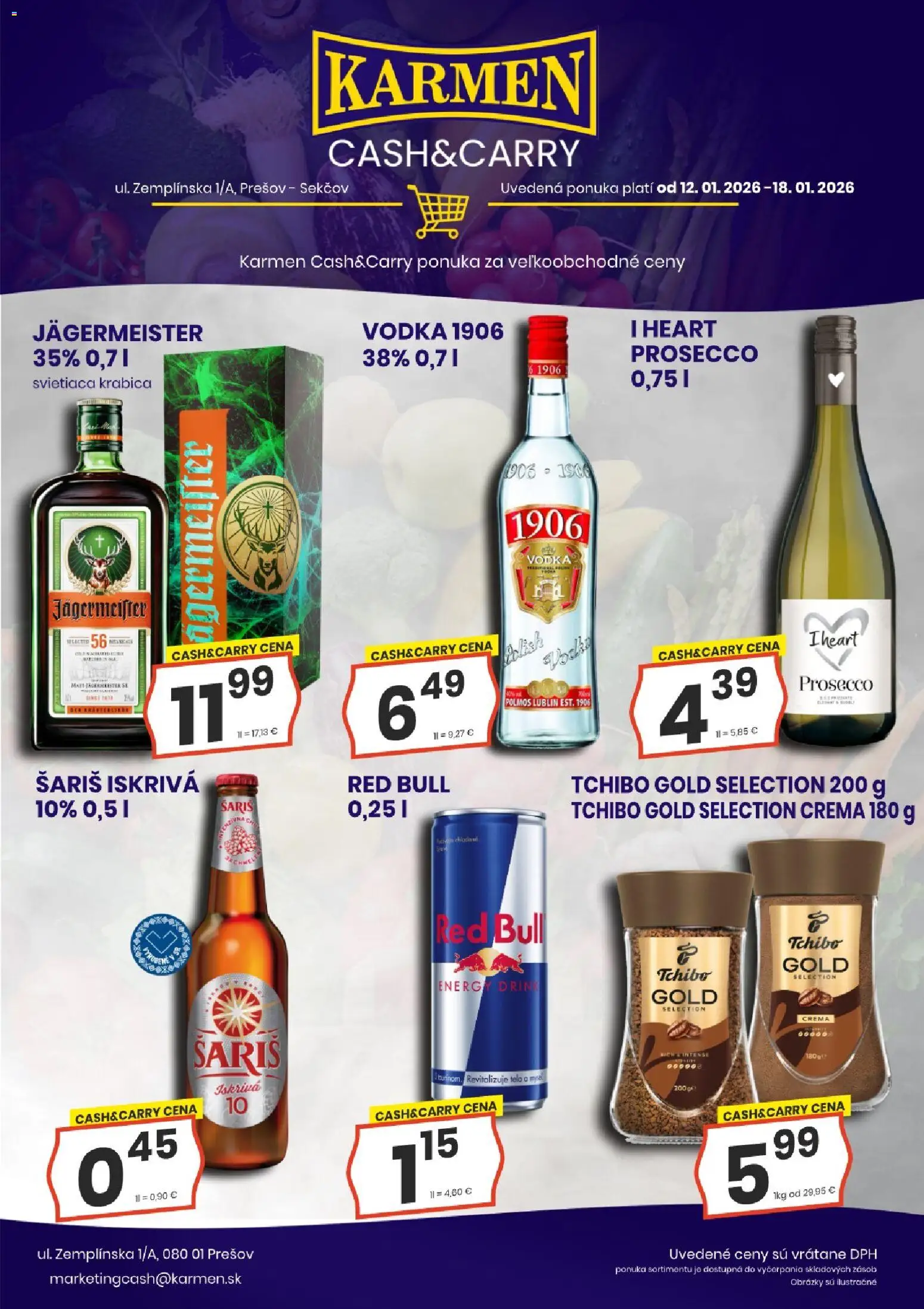 Nové KARMEN CBA akcie – leták je platný od 12.01.2026 | Strana: 1 | Produkty: Prosecco, Red Bull, Šariš, Vodka