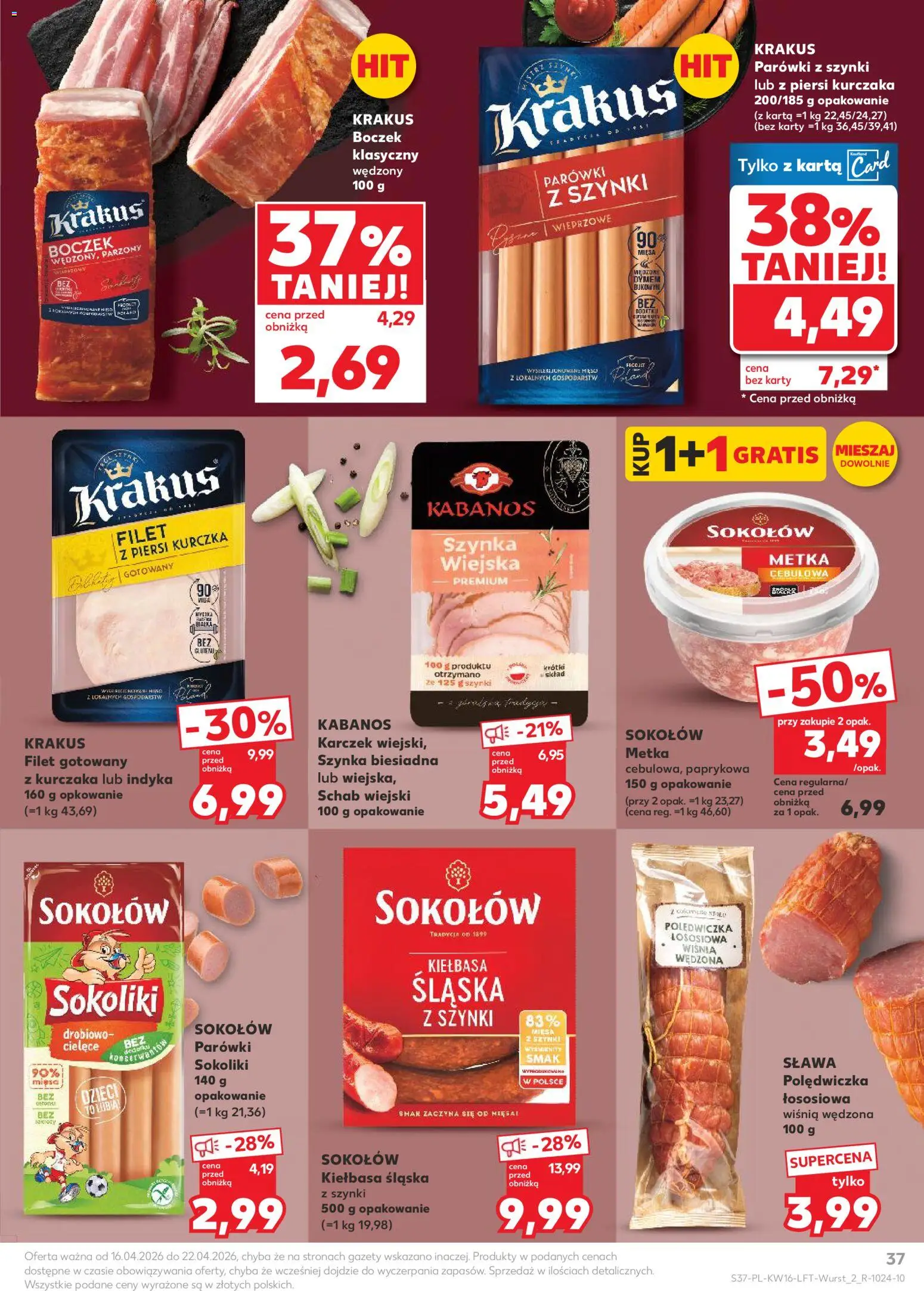 Kaufland gazetka od 16.04.2026 | Strona: 37 | Produkty: Karta, Parówki z szynki, Kiełbasa śląska, Boczek