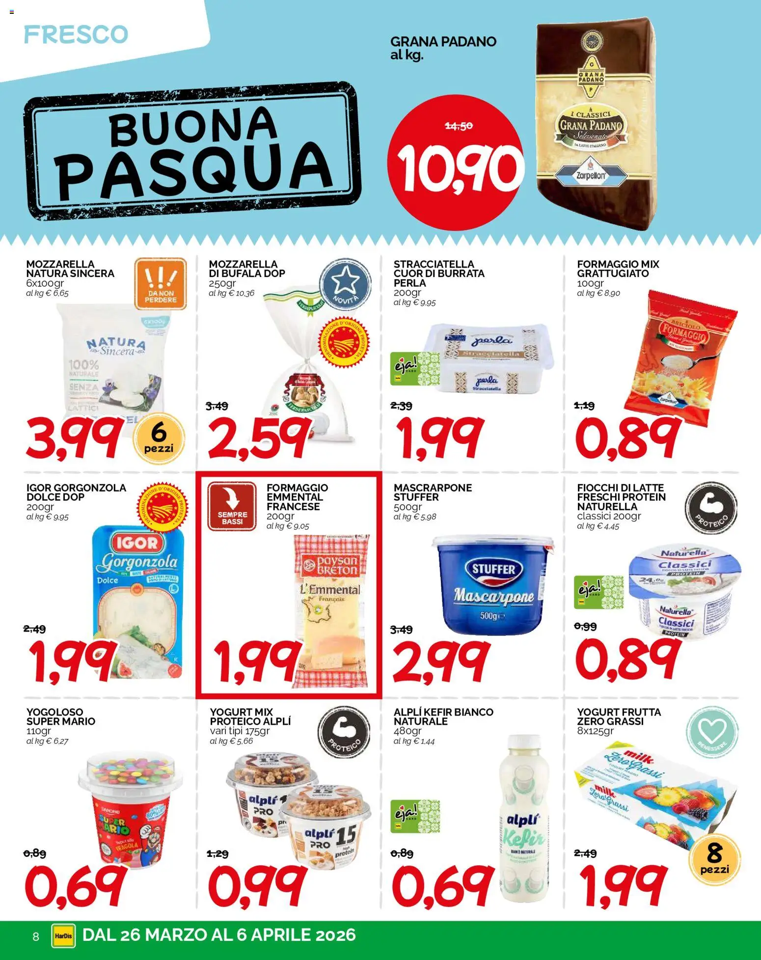 Volantino HarDis del 26.03.2026 | Pagina: 8 | Prodotti: Fiocchi, Mozzarella, Latte, Stracciatella