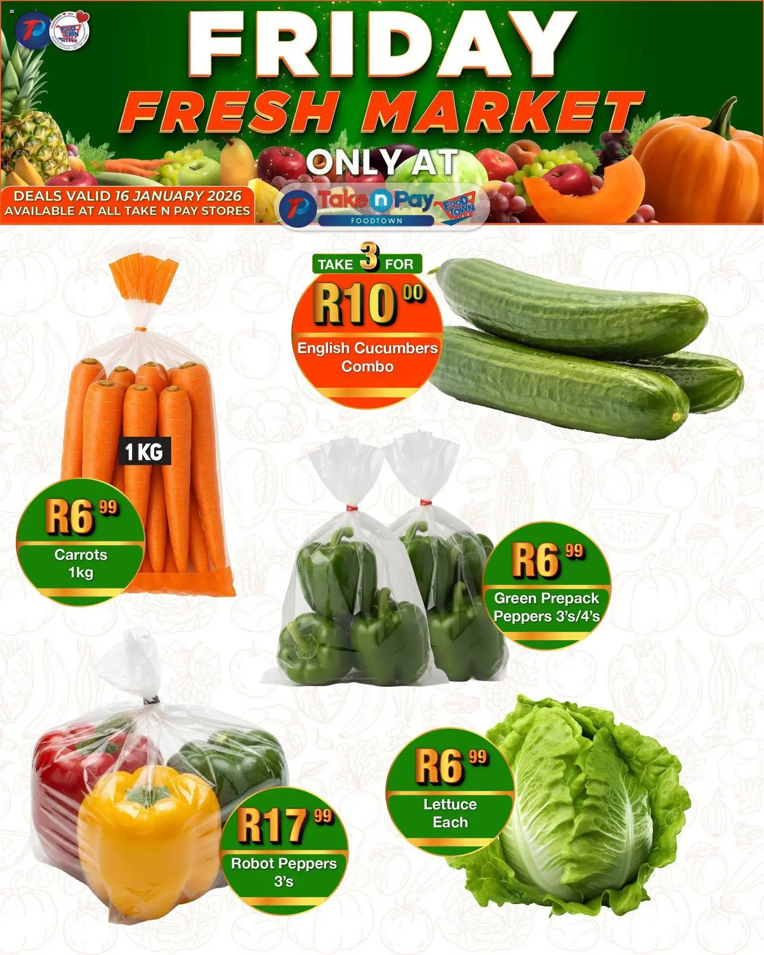 New Take n Pay catalogue – valid from 16.01.2026 | Page: 4 | Products: Carrots, Cucumbers, Lettuce