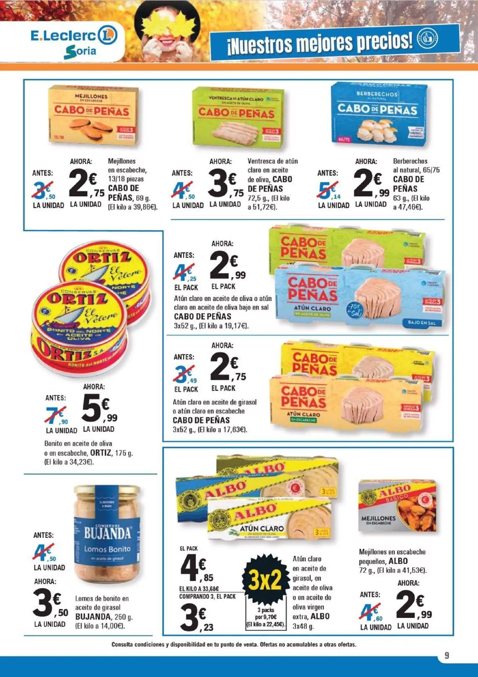 E.Leclerc folleto │ válido desde el 12.11.2025 | Página: 9 | Productos: Berberechos, Aceite, Aceite de oliva, Atún claro