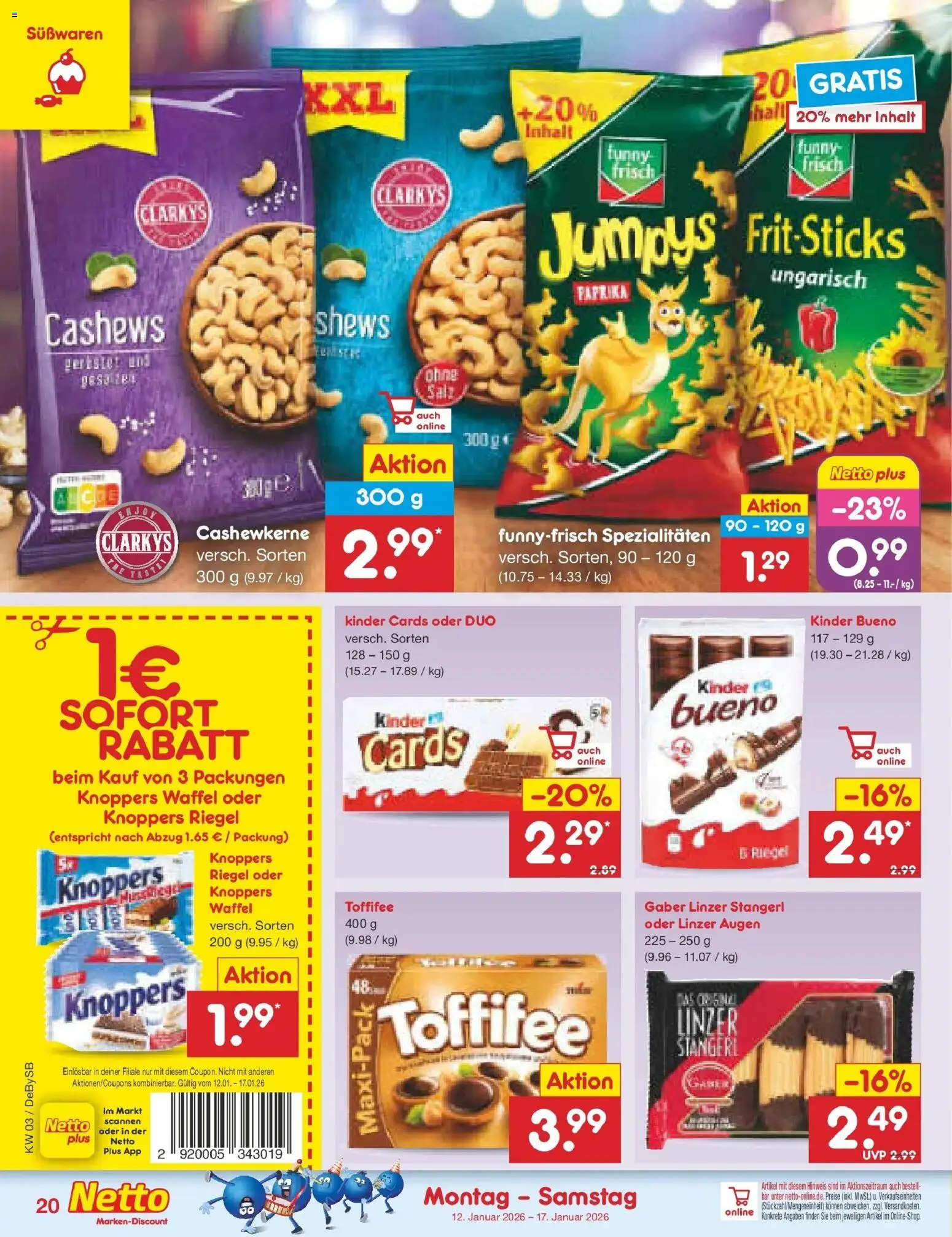 Netto Marken-Discount prospekt Thierhaupten	 – gültig ab 12.01.2026 | Seite: 20 | Produkte: Funny frisch, Kinder bueno, Salz, Knoppers