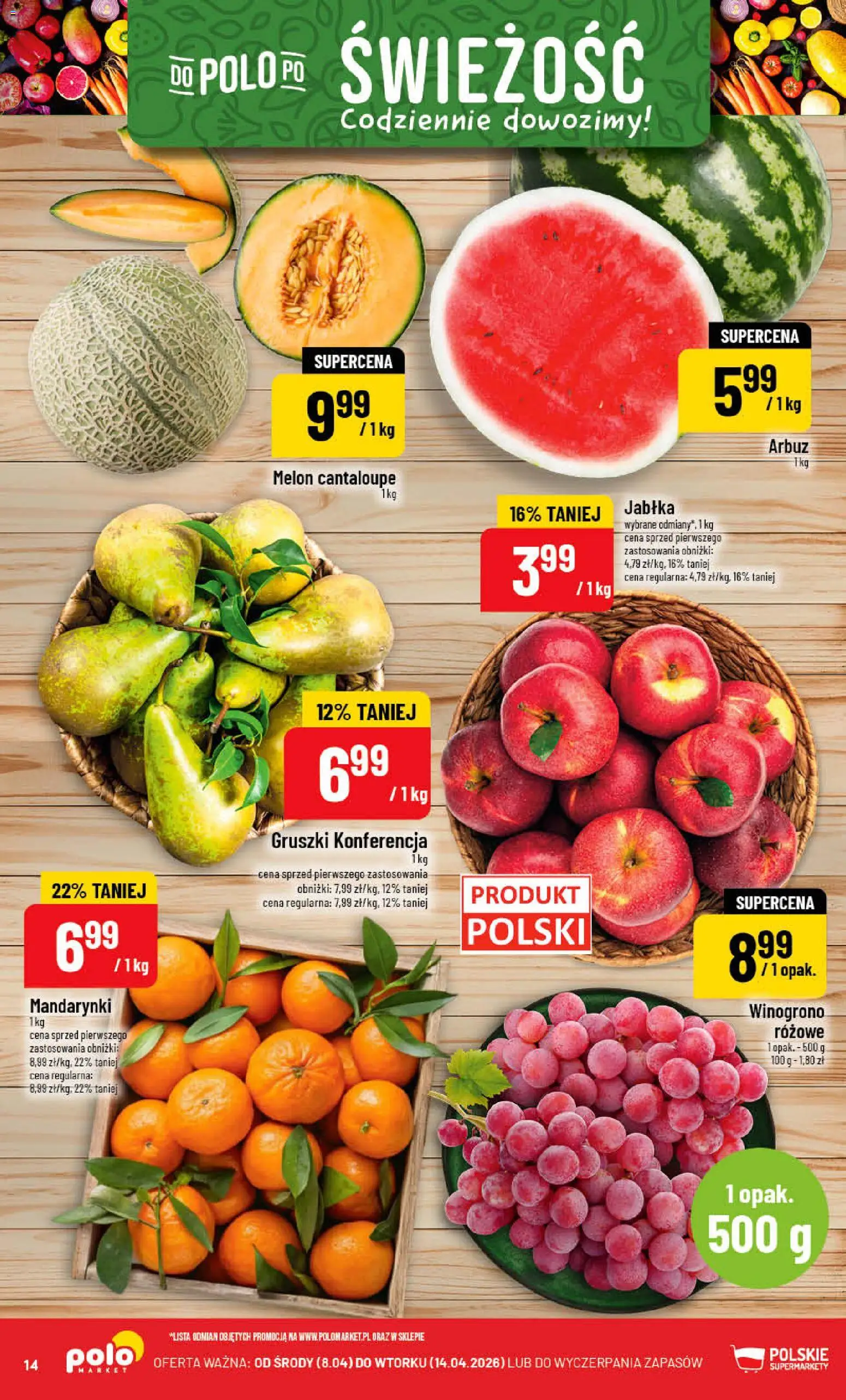 POLOmarket gazetka od 08.04.2026 | Strona: 14 | Produkty: Arbuz, Melon, Winogrono, Mandarynki