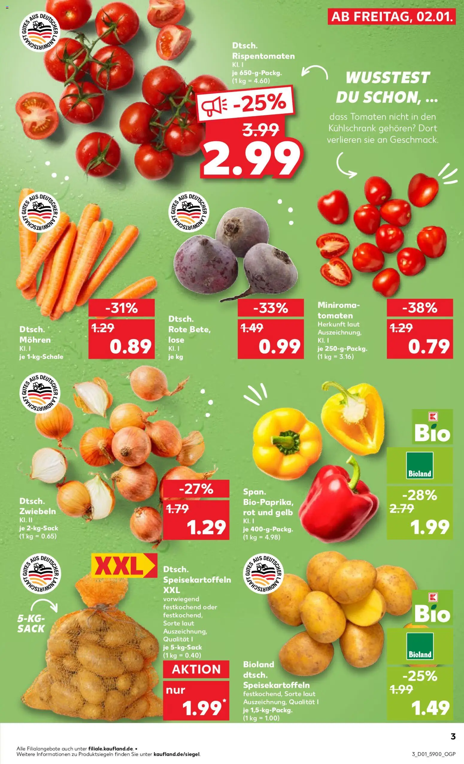 Kaufland prospekt Jena	 – gültig ab 02.01.2026 | Seite: 3 | Produkte: Kühlschrank, Tomaten, Mohren, Zwiebeln
