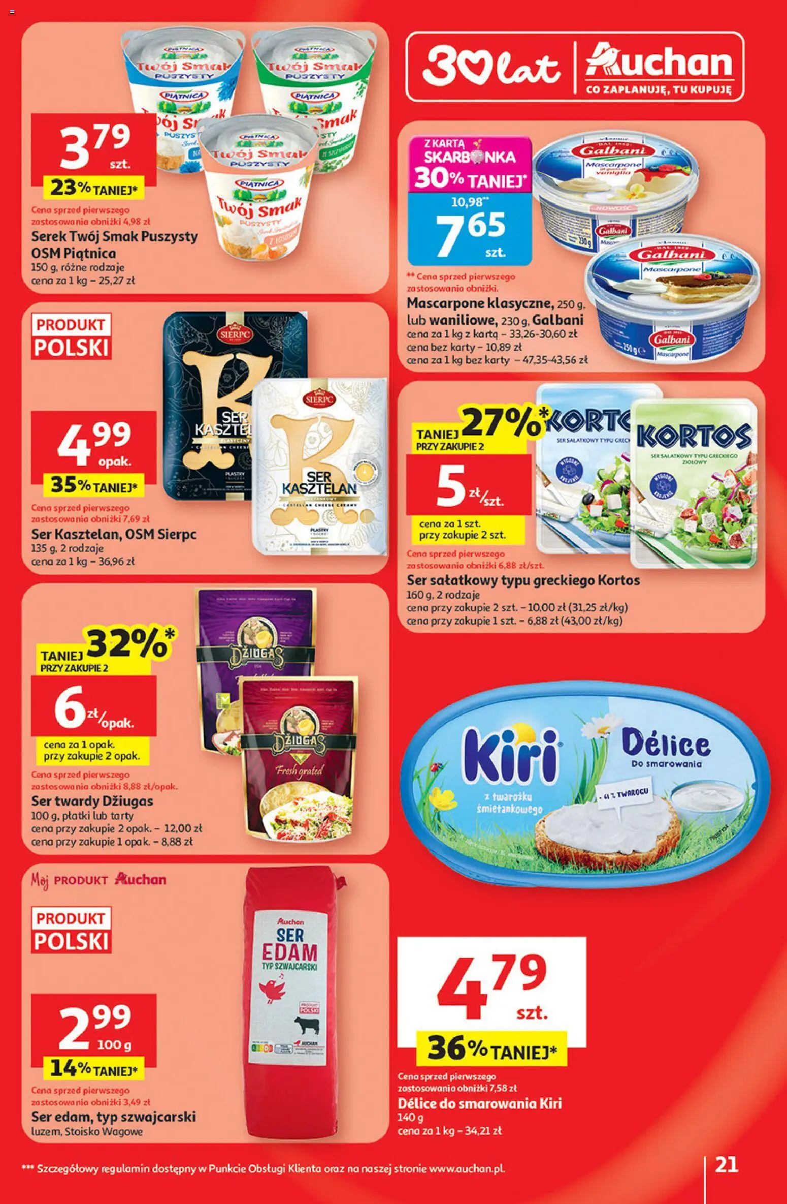 Auchan Gazetka - 30 Lat Hipermarket od 08.01.2026 | Strona: 21 | Produkty: Serek Twój Smak, Karta, Mascarpone, Płatki
