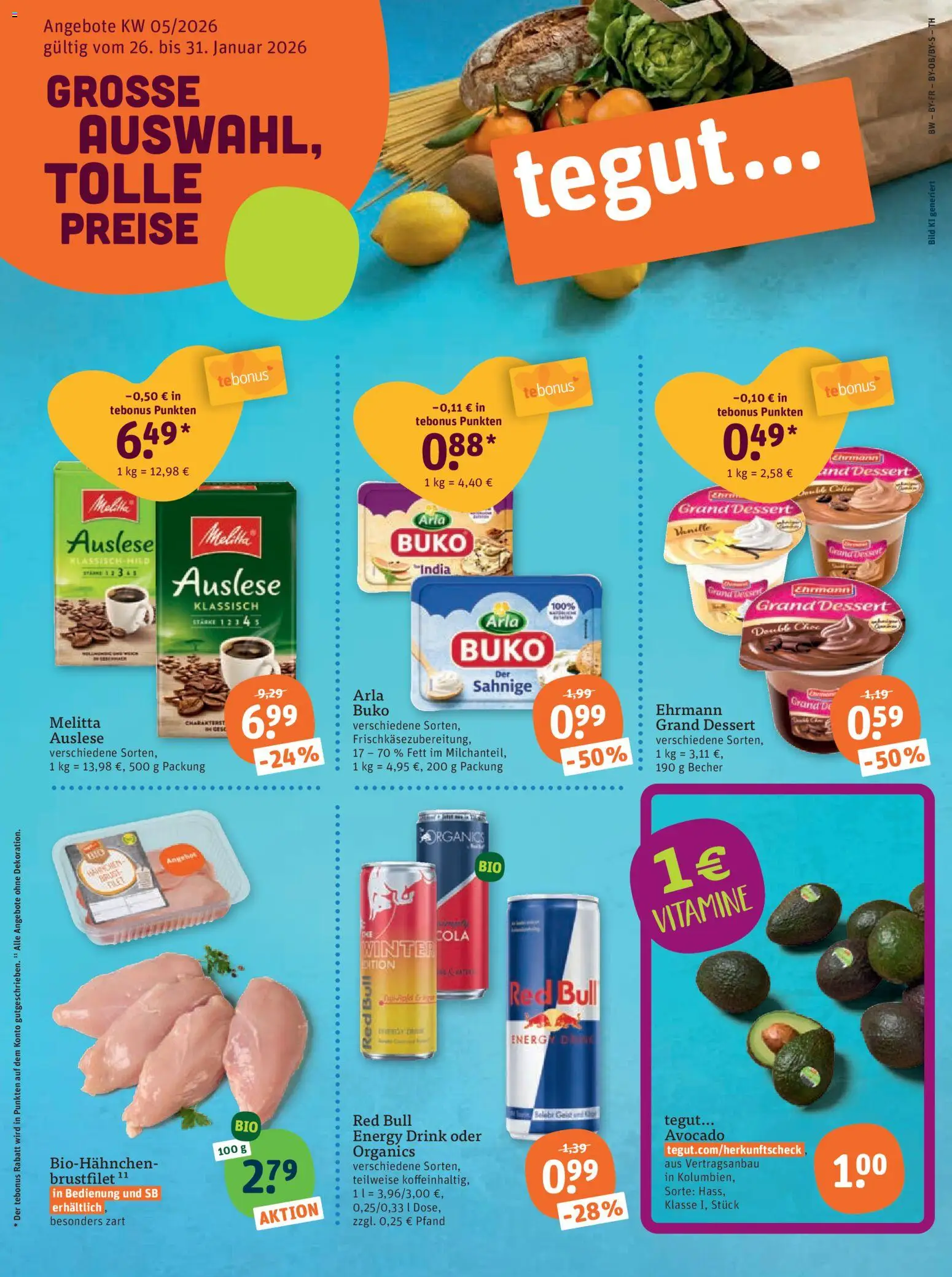 Tegut Prospekt – gültig ab 26.01.2026 | Seite: 3 | Produkte: Melitta, Energy, Avocado, Arla buko