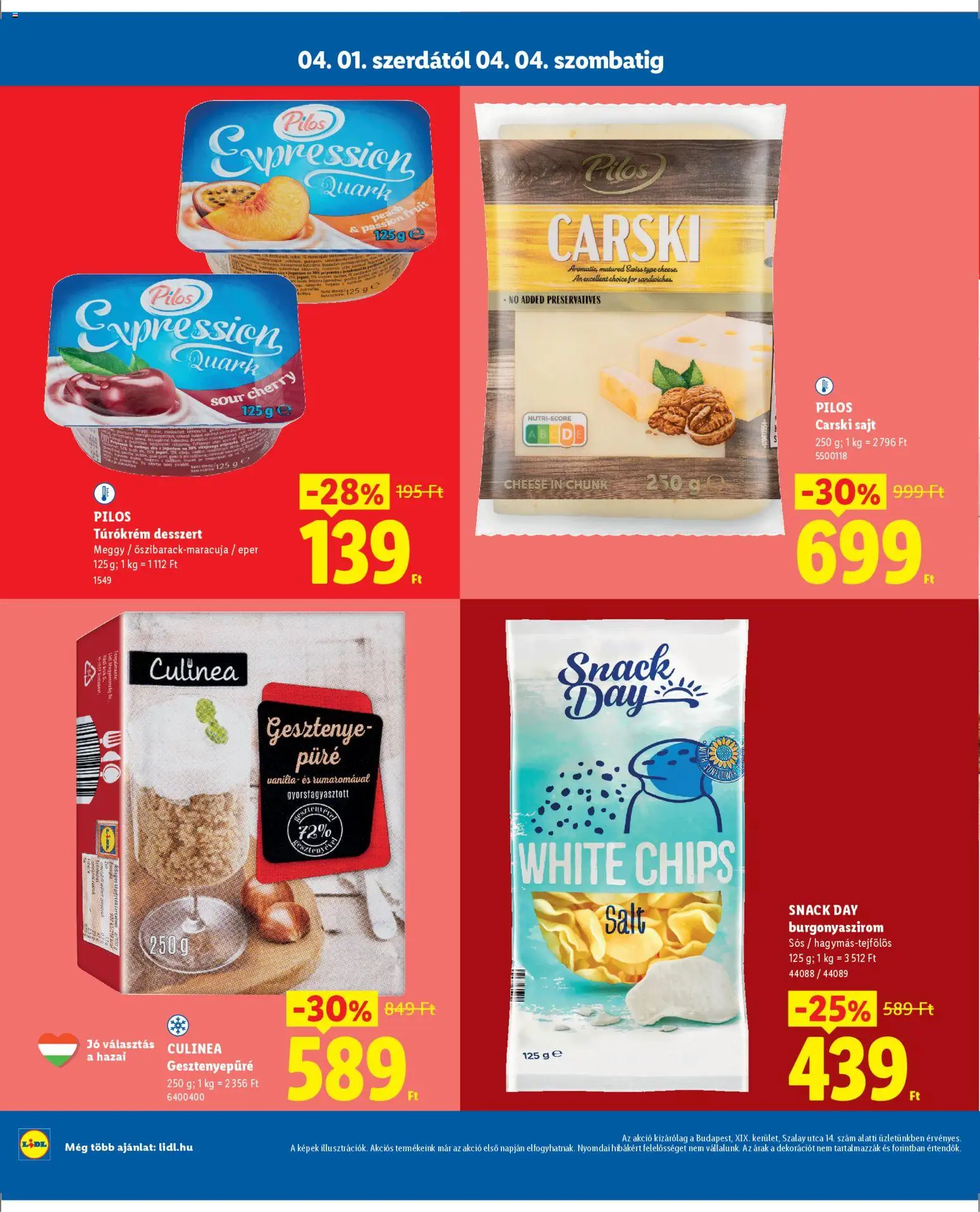 Lidl akciós ujság - amely érvényes a következő dátumtól: 01.04.2026 | Oldal: 4 | Termékek: Gesztenyepüré, Chips, Meggy, Eper