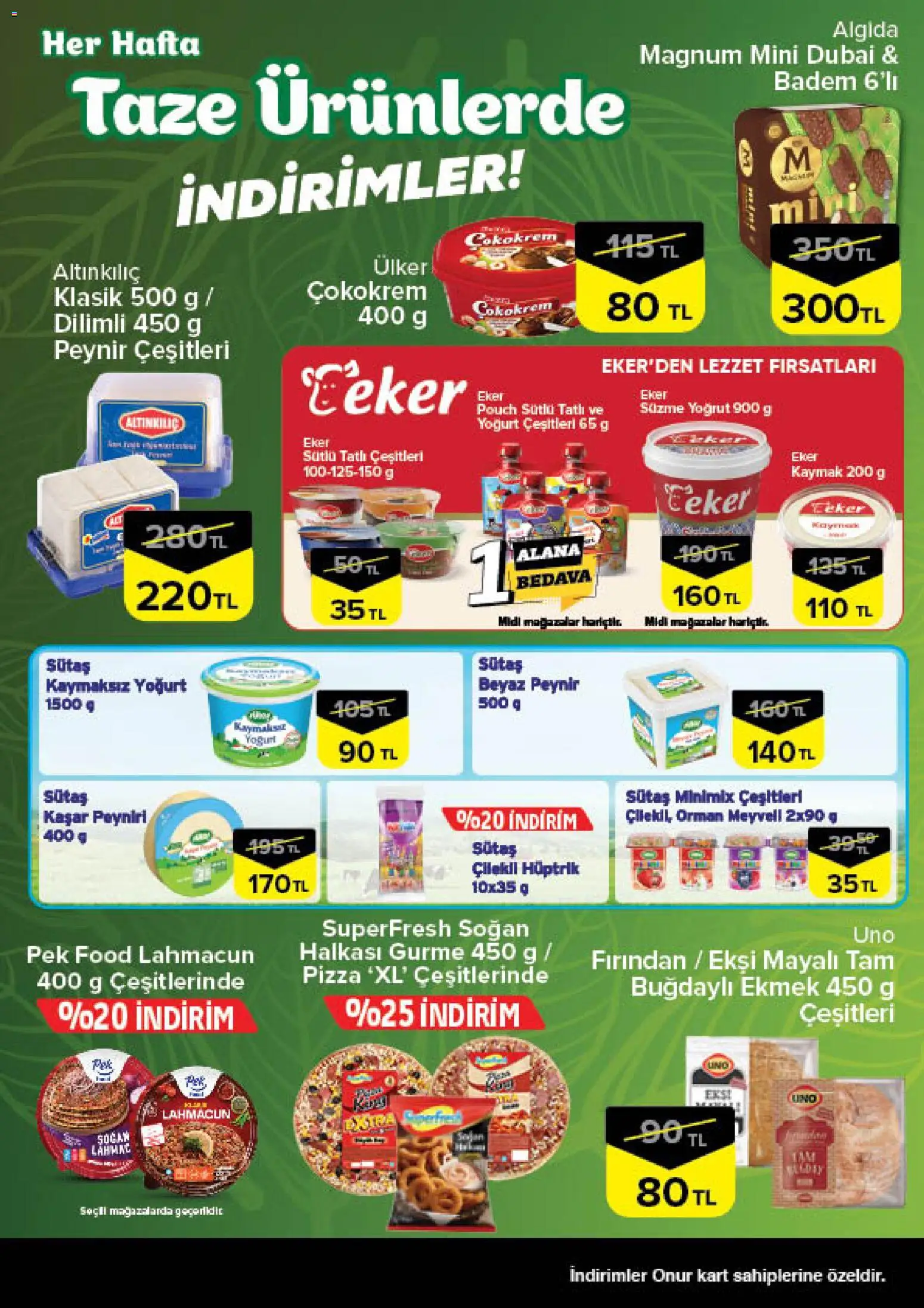 Onur Market - Taze Ürünlerde İndirimler - İstanbul & Trakya - 23.04.2026 tarihinden itibaren geçerlidir | Sayfa: 3 | Ürünler: Peynir, Yoğurt, Pizza, Soğan