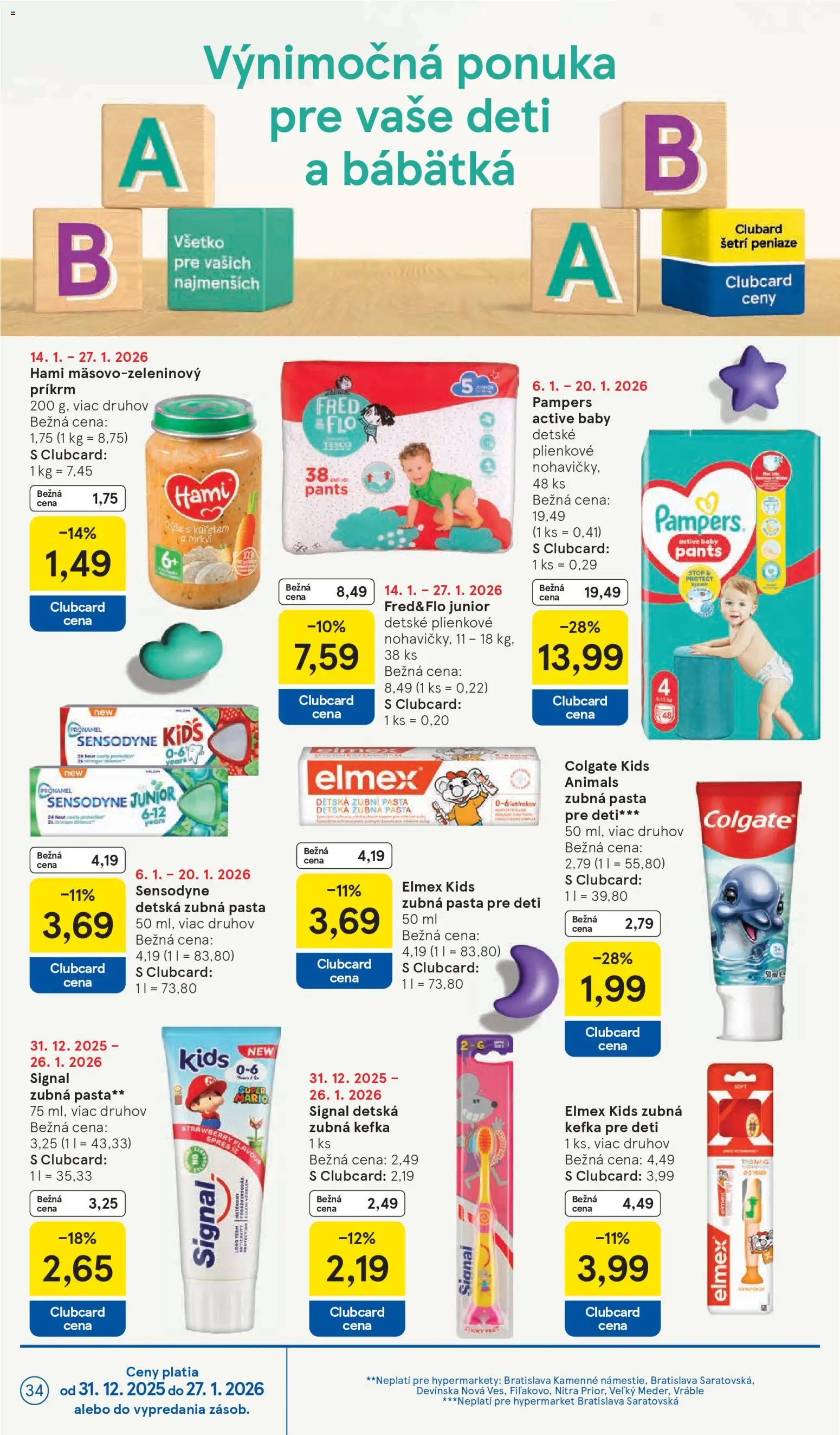 Nové Tesco akcie – leták je platný od 14.01.2026 | Strana: 34 | Produkty: Zubná kefka, Zubná pasta, Nohavičky