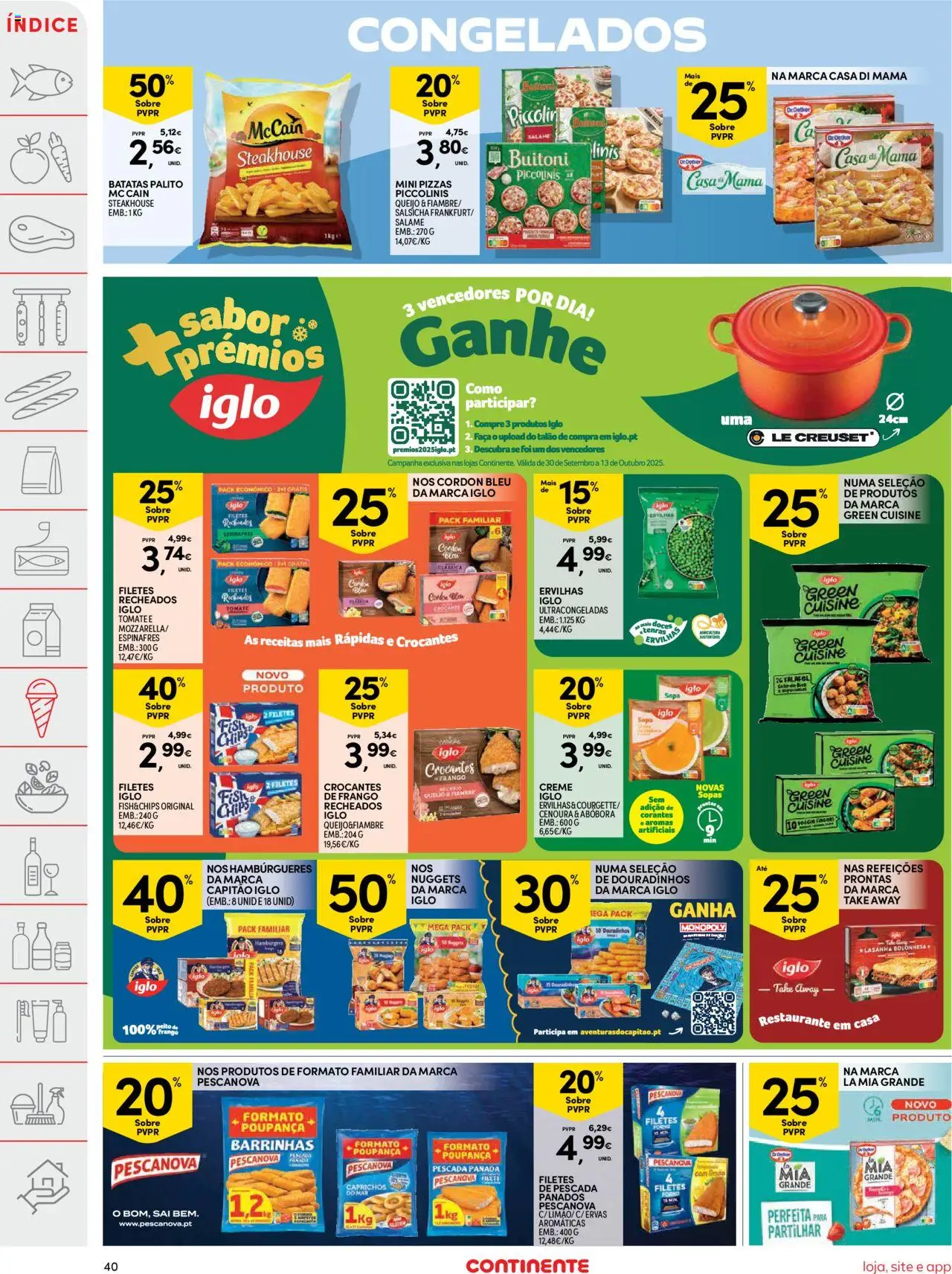 Continente folheto │ válido de 30.09.2025 | Página: 40 | Produtos: Espinafres, Capitão iglo, Salsicha, Tomate