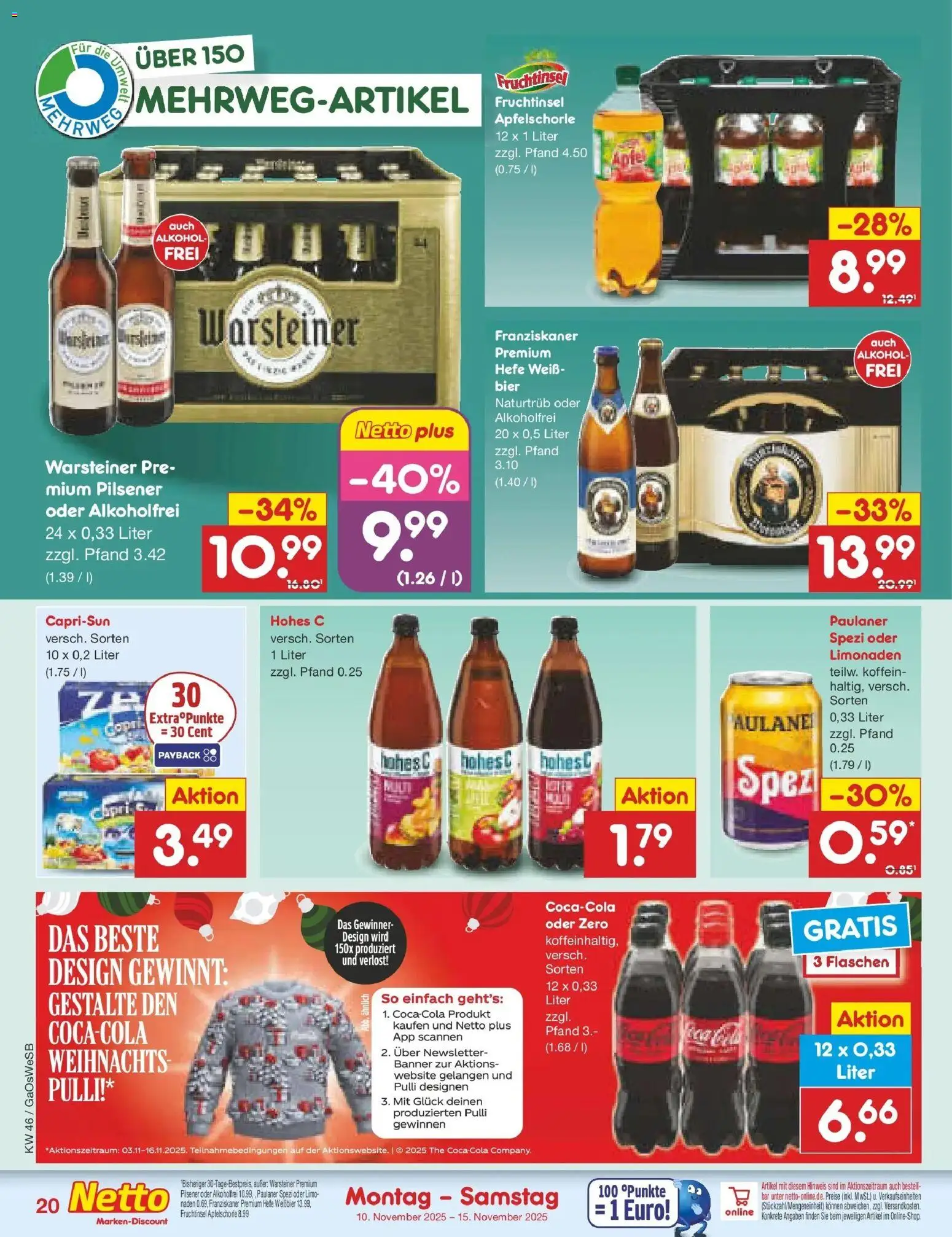 Netto Marken-Discount - Netto: Wochenangebote – gültig ab 10.11.2025 | Seite: 20 | Produkte: Franziskaner, Hefe weissbier, Warsteiner, Hohes c