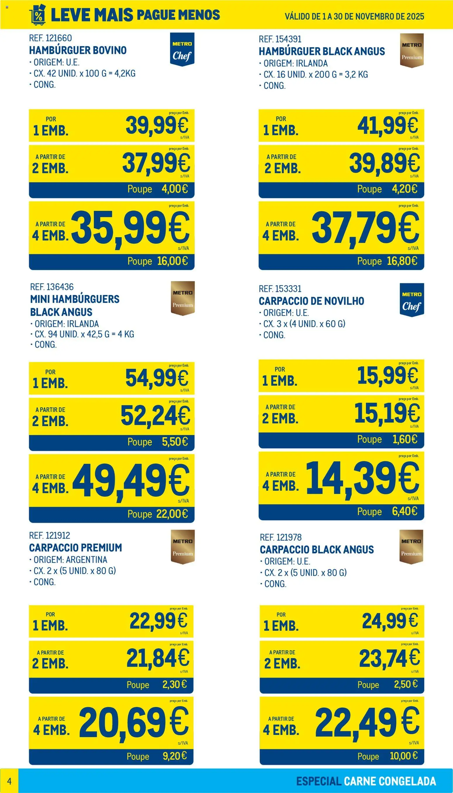 Makro Leve Mais Pague Menos - Carne Congelada │ válido de 01.11.2025 | Página: 4 | Produtos: Hambúrguer, Carpaccio de novilho, Carne