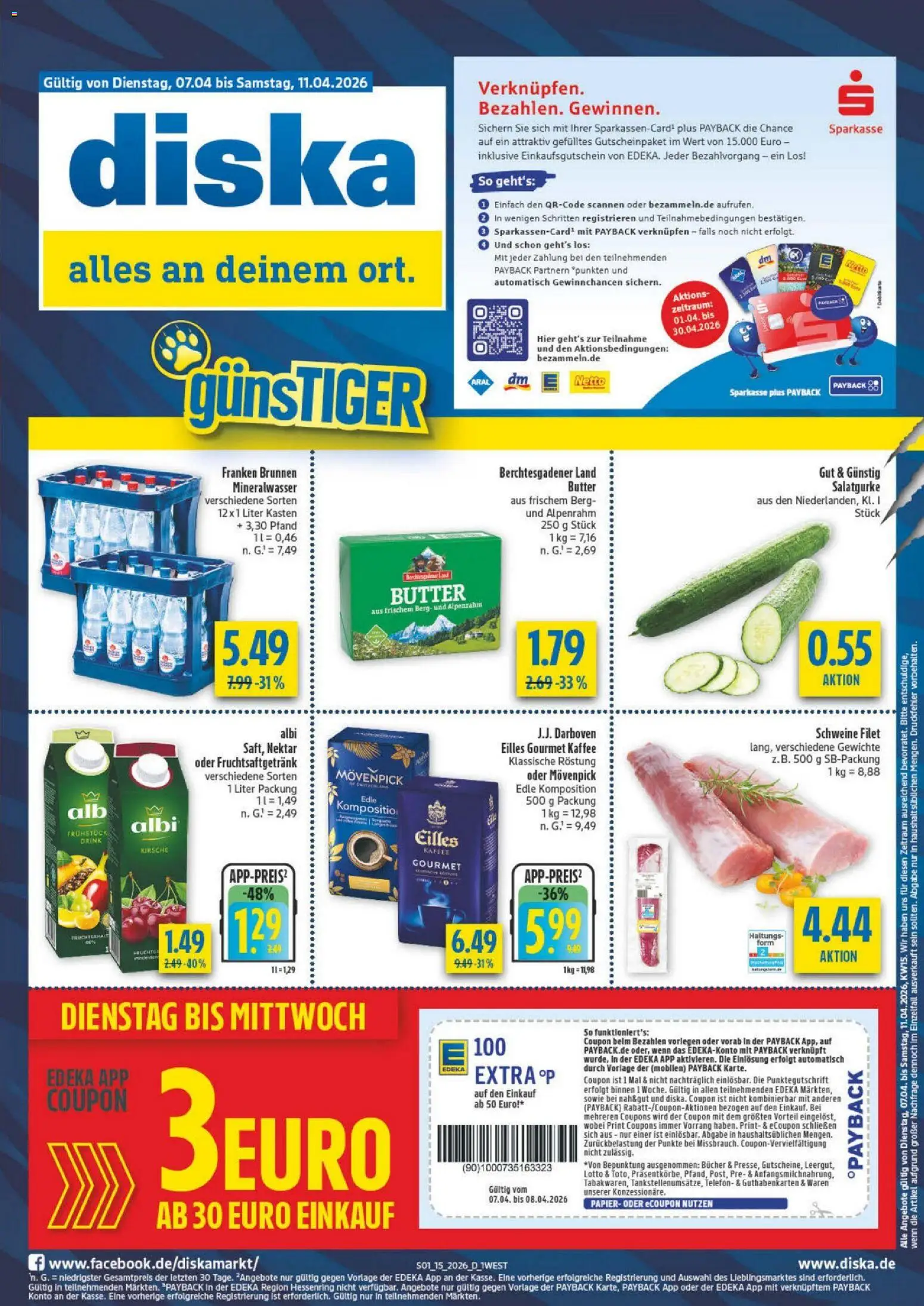 Diska - Diska Angebote Bayern KW15 – gültig ab 07.04.2026 | Seite: 1 | Produkte: Butter, Kaffee, Mineralwasser, Telefon
