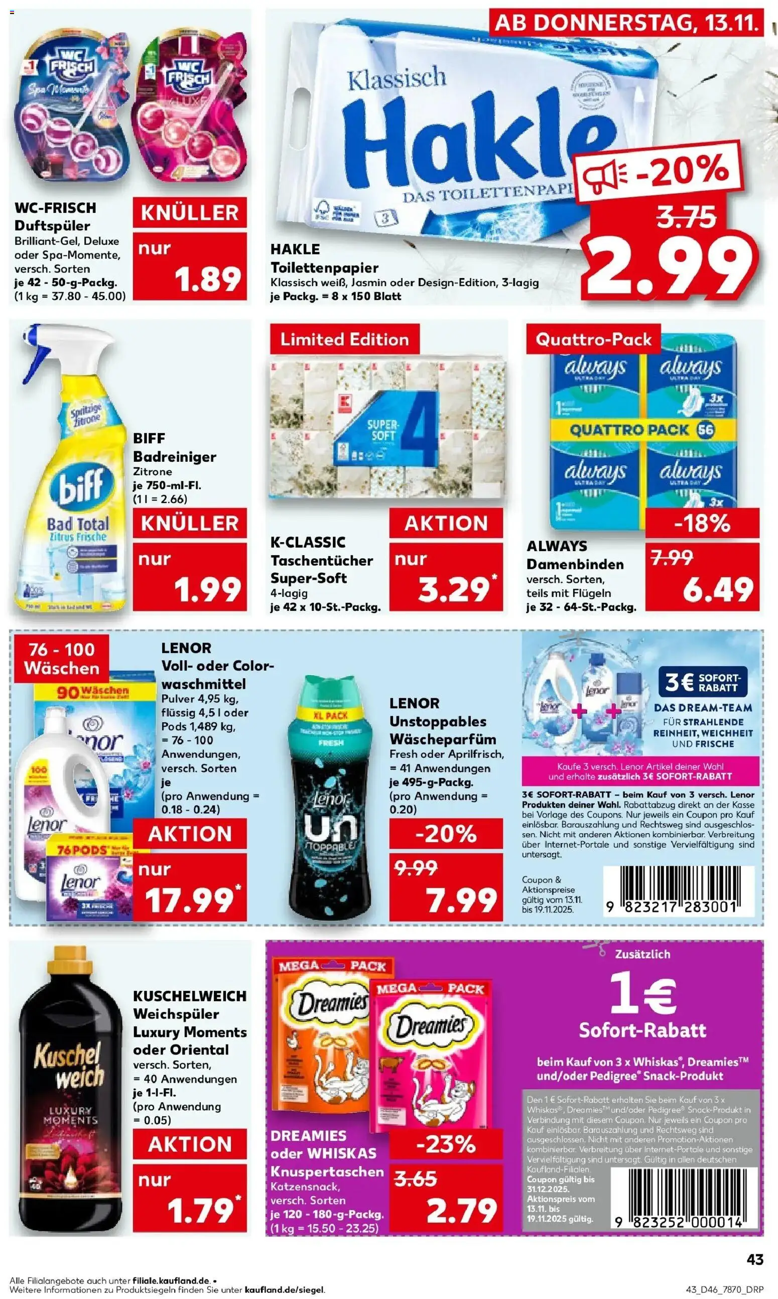 Kaufland prospekt Schorndorf	 – gültig ab 13.11.2025 | Seite: 43 | Produkte: Lenor, Kuschelweich, Weichspüler, Whiskas