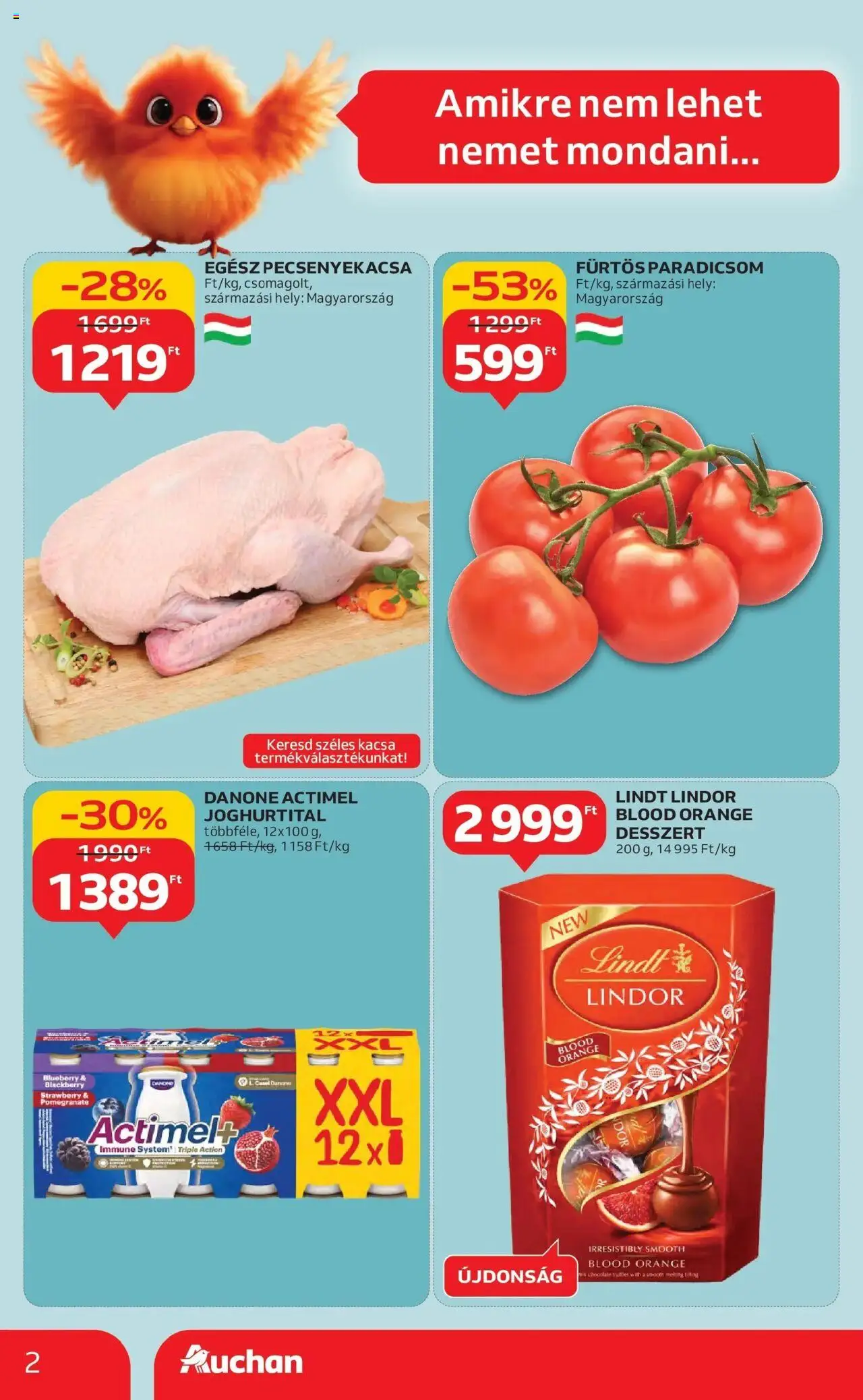Auchan akciós ujság - amely érvényes a következő dátumtól: 16.10.2025 | Oldal: 2 | Termékek: Actimel, Pecsenyekacsa, Paradicsom, Kacsa