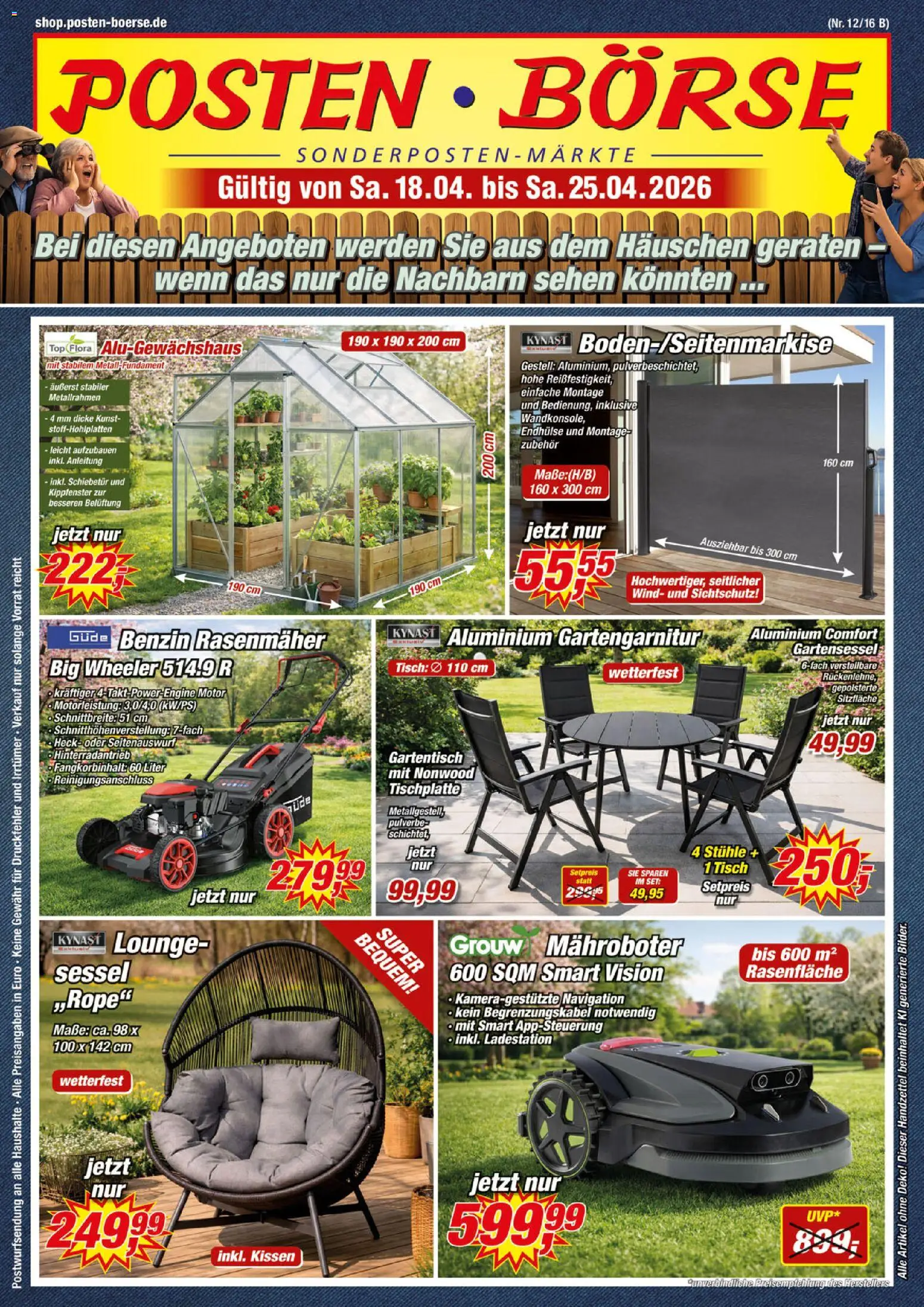 Posten Börse Prospekt – gültig ab 18.04.2026 | Seite: 1 | Produkte: Rasenmäher, Kissen, Sessel, Tisch
