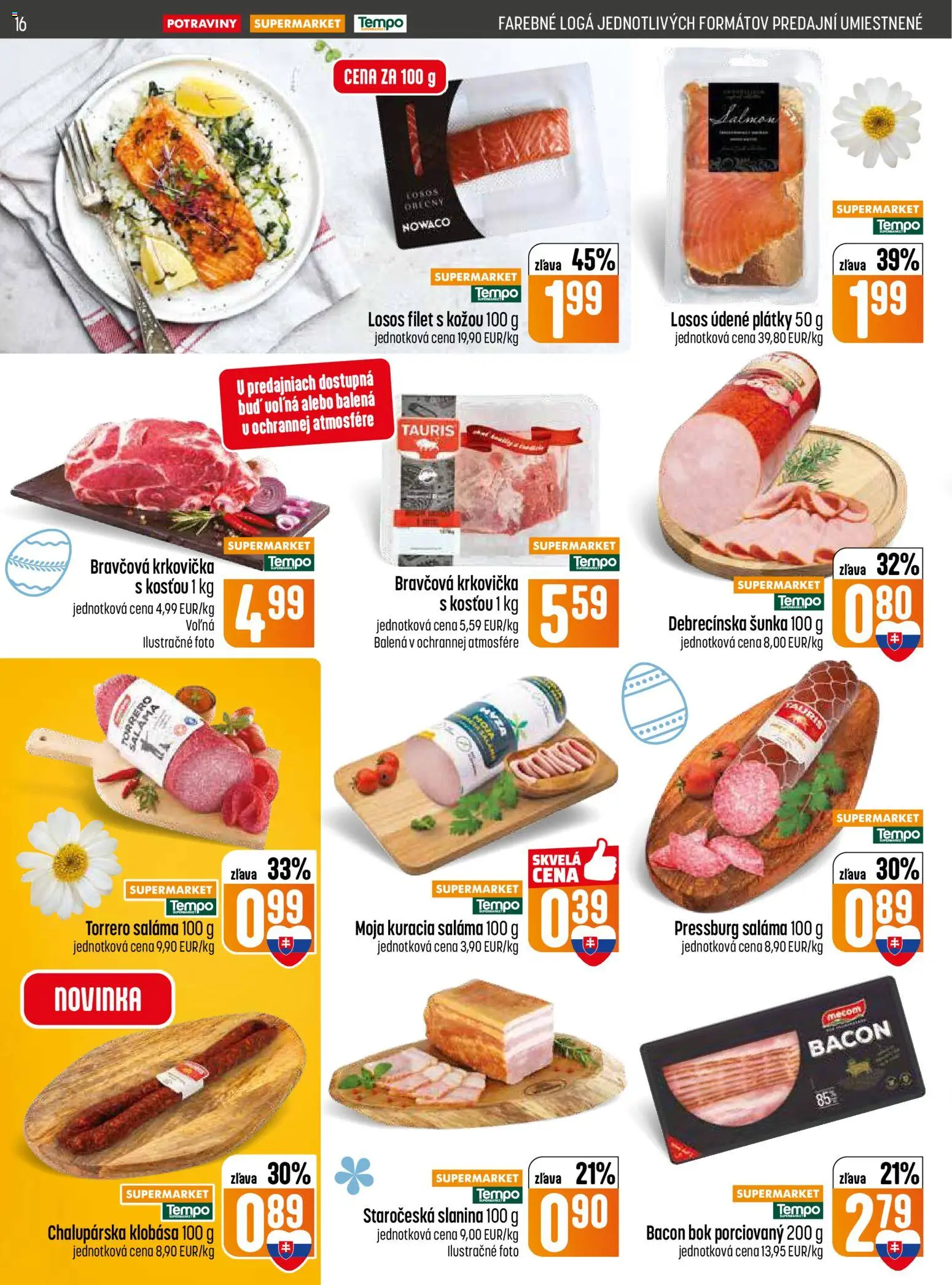 Nové COOP Jednota akcie – leták je platný od 26.03.2026 | Strana: 16 | Produkty: Klobása, Bravčová krkovička, Losos, Krkovička