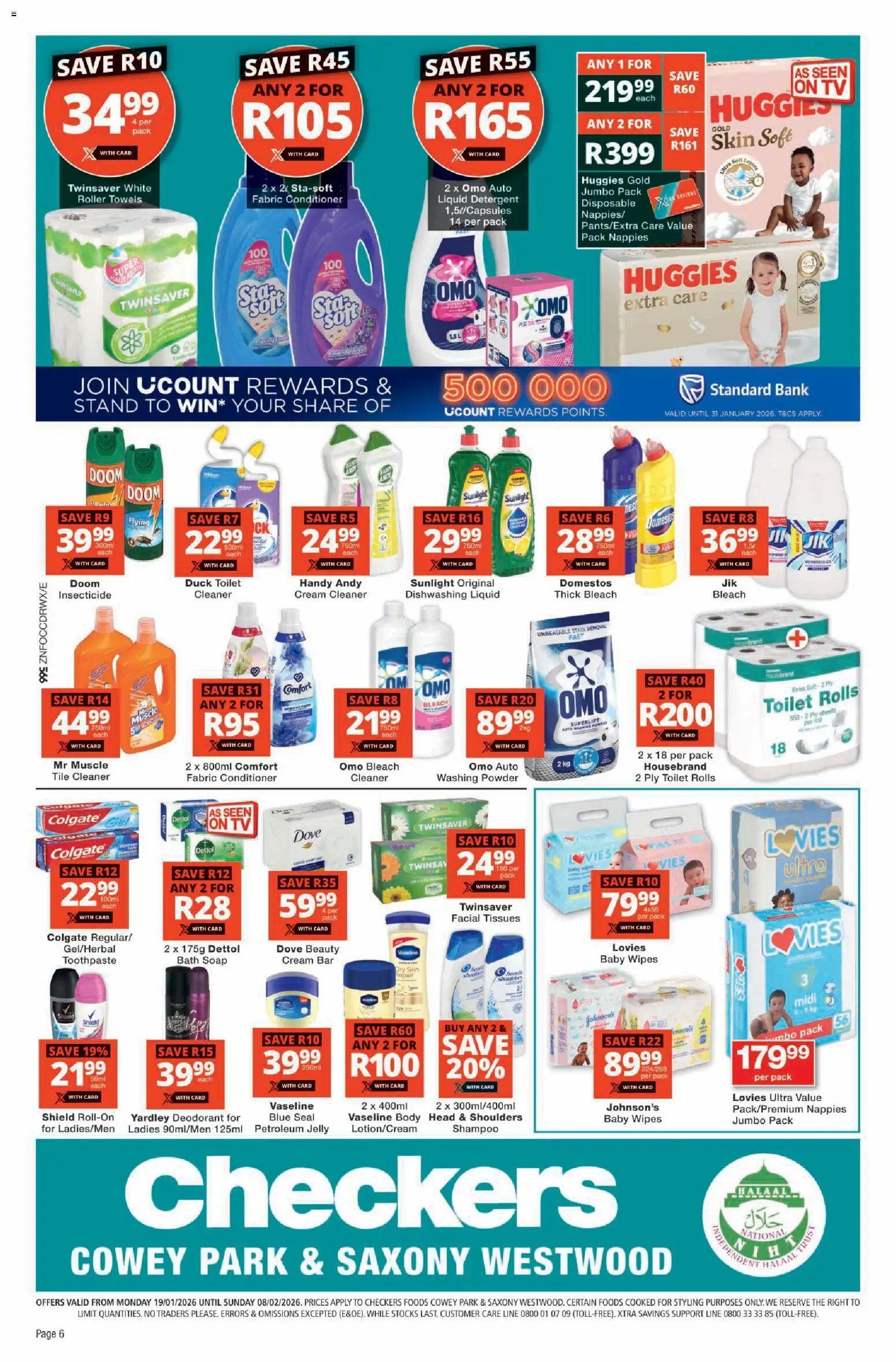 New Checkers catalogue – valid from 19.01.2026 | Page: 6 | Products: Bleach, Soap, Nappies, Tissues