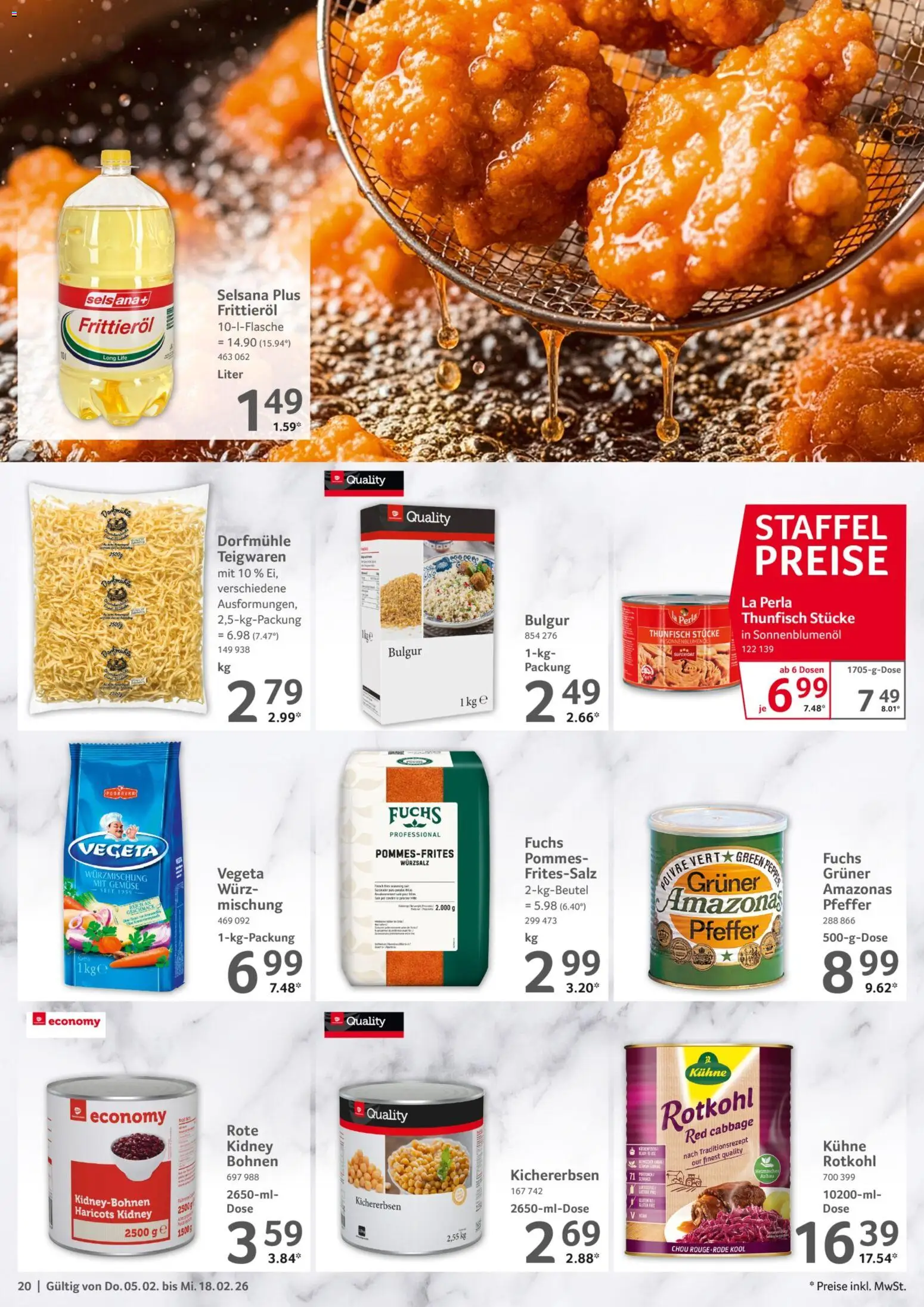 Selgros Gastronomie – gültig ab 05.02.2026 | Seite: 20 | Produkte: Rotkohl, Thunfisch, Pommes, Pfeffer