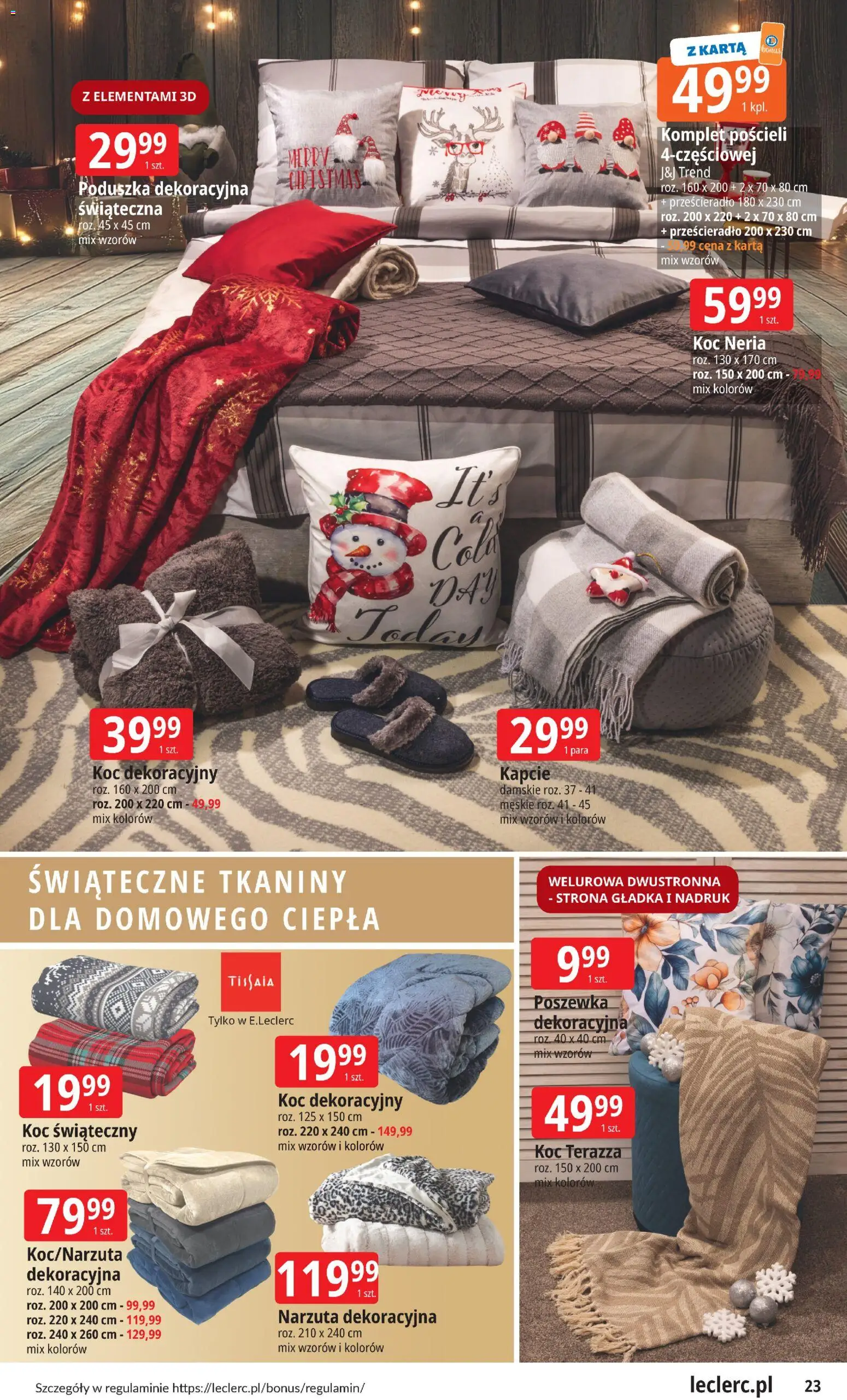 E.Leclerc Gazetka - Boże Narodzenie od 12.11.2025 | Strona: 23 | Produkty: Karta, Kapcie, Poduszka, Koc