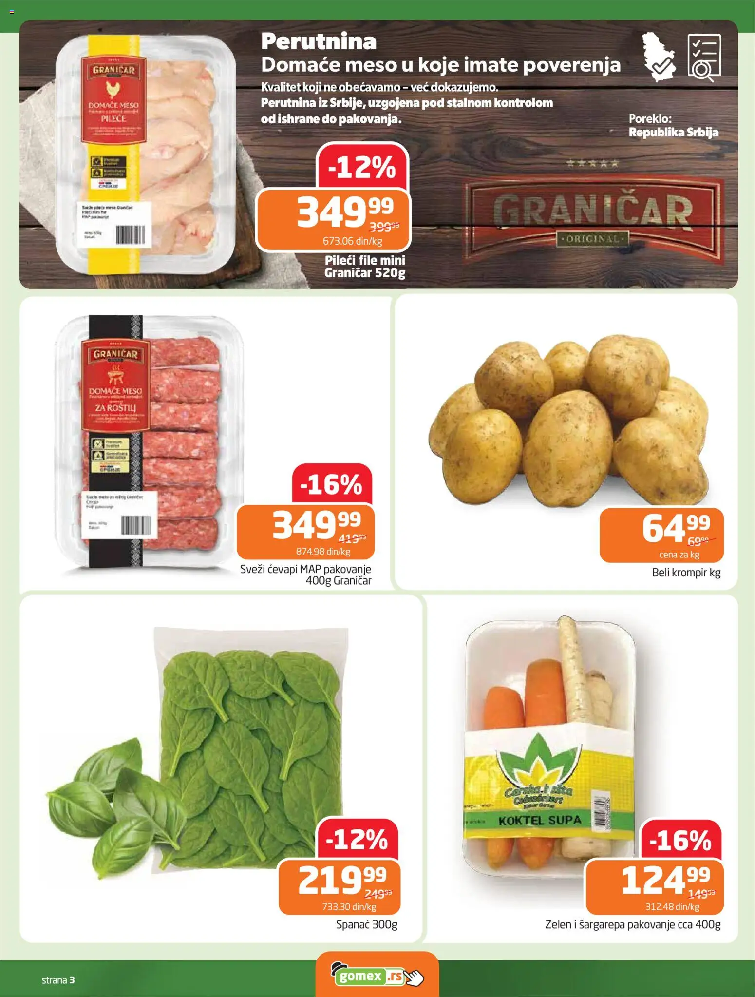 Gomex katalog - važi od 15.04.2026 | Strana: 3 | Proizvode: Spanać, Šargarepa, Pileći file, Krompir