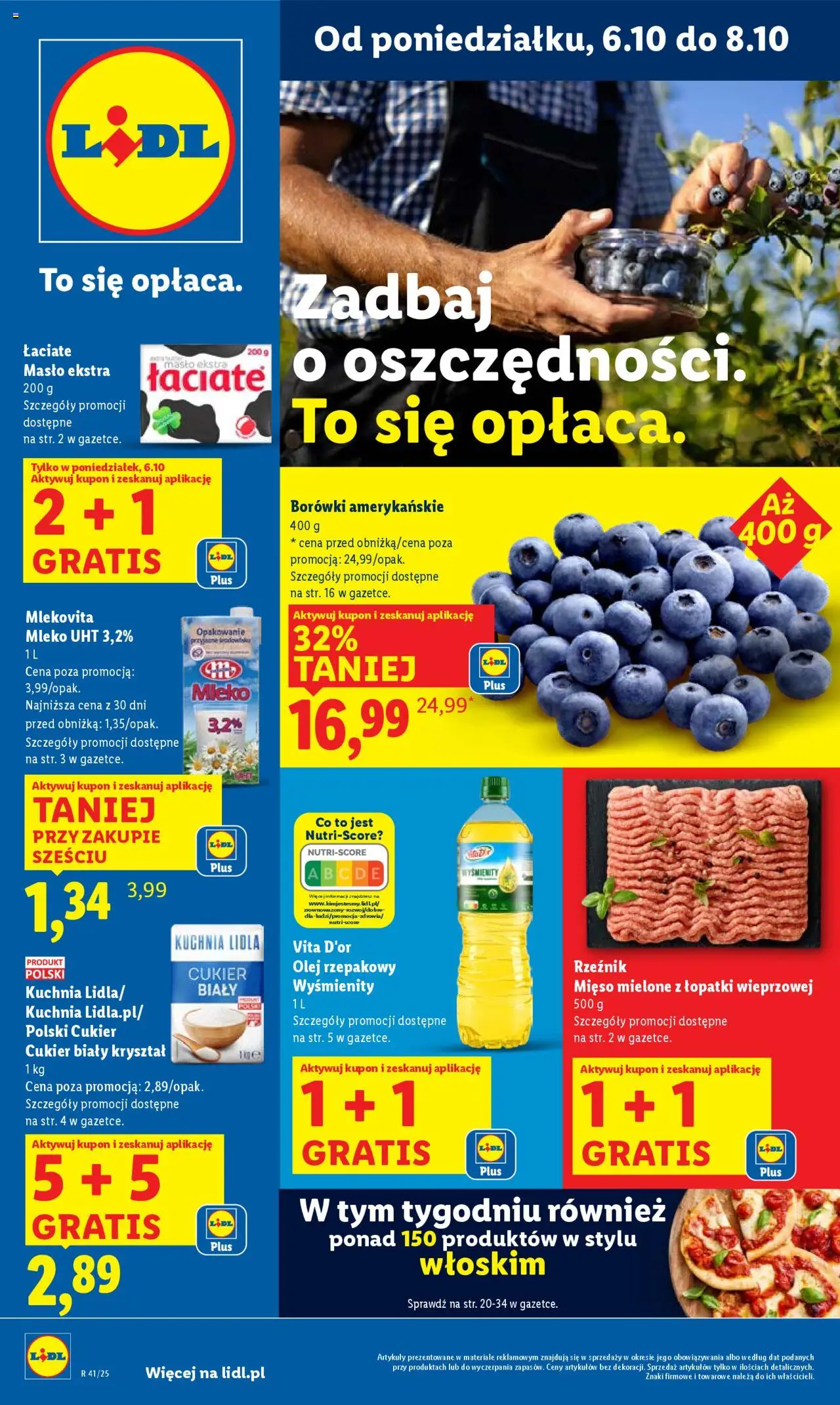 Lidl Gazetka od 06.10.2025 | Strona: 1 | Produkty: Mięso mielone, Cukier biały, Mleko, Olej