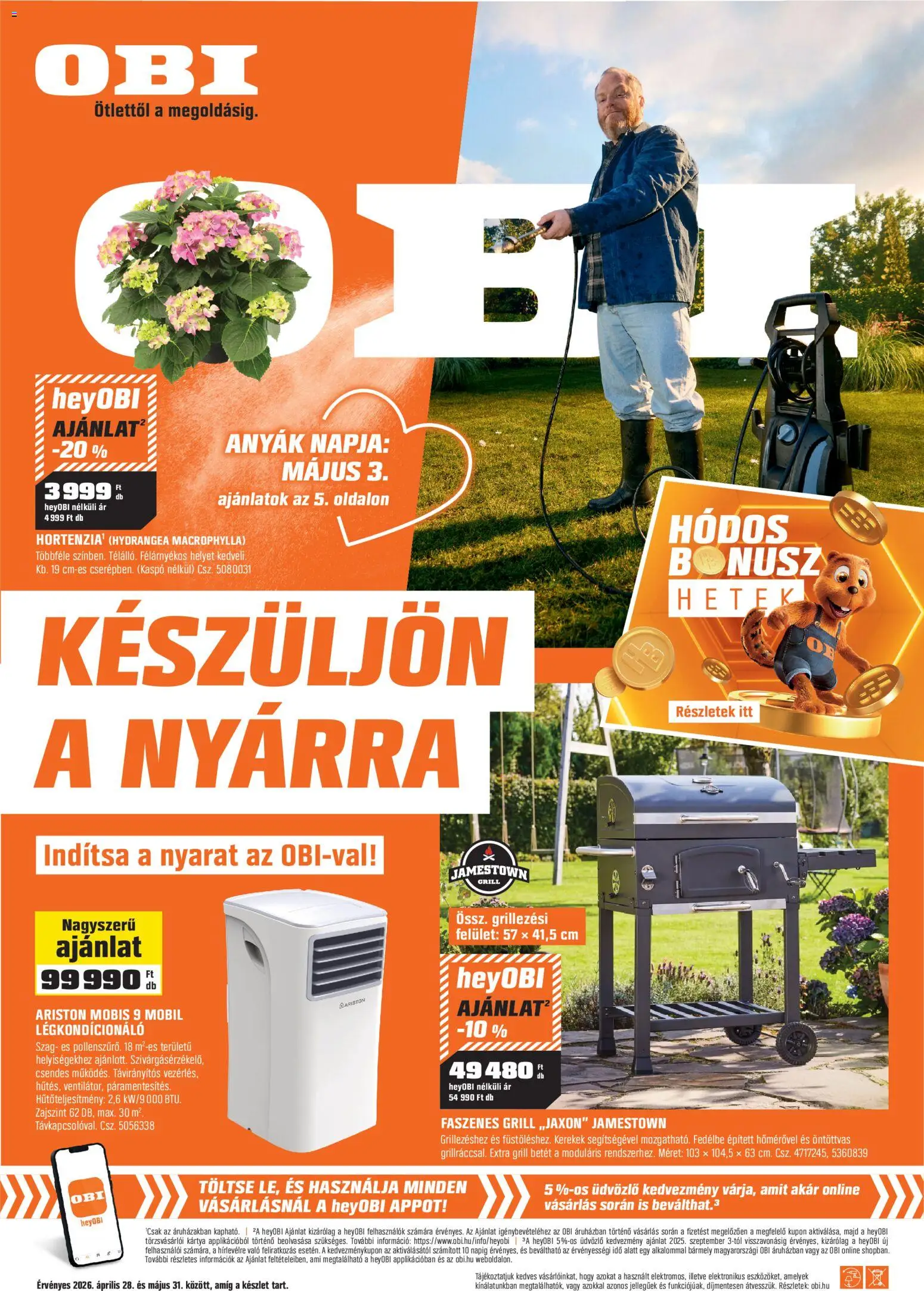OBI akciós ujság - amely érvényes a következő dátumtól: 28.04.2026 | Oldal: 1 | Termékek: Grill, Légkondicionáló, Kaspó