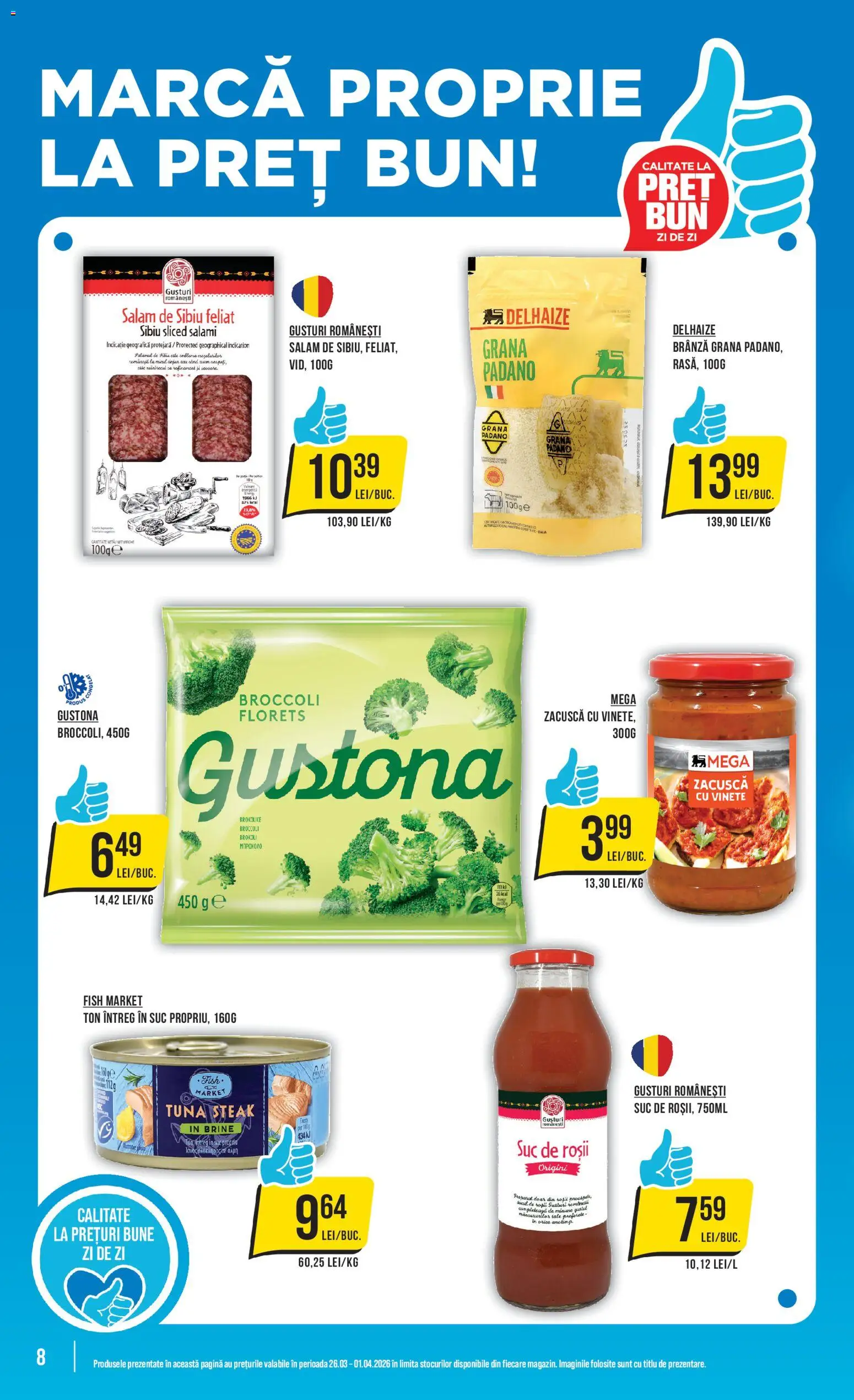 Noul catalog Mega Image – valabil de la 26.03.2026 | Pagină: 8 | Produse: Brânză, Salam, Suc, Roșii