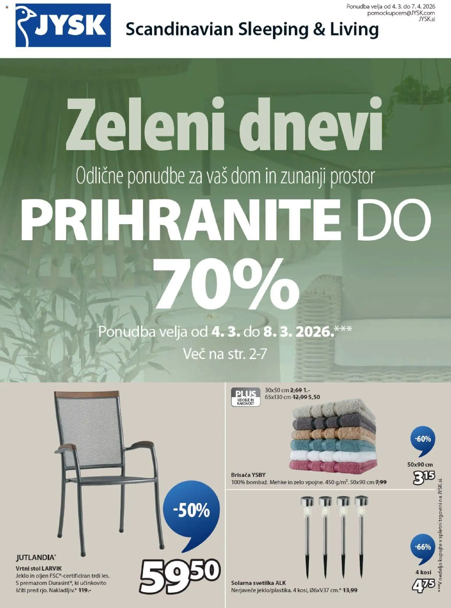 Novi JYSK katalog ponudbe – veljaven od 04.03.2026 | Stran: 1 | Izdelki: Vrtni stol, Brisača, Stol, Svetilka