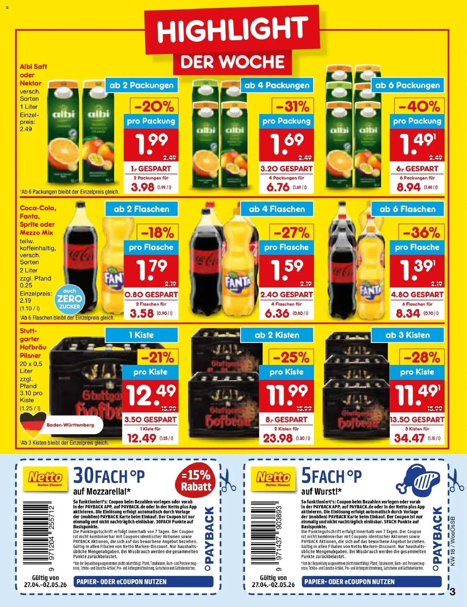 Netto Marken-Discount Prospekt Gemmingen	 – gültig ab 27.04.2026 | Seite: 3 | Produkte: Mezzo mix, Sprite, Mozzarella, Zucker
