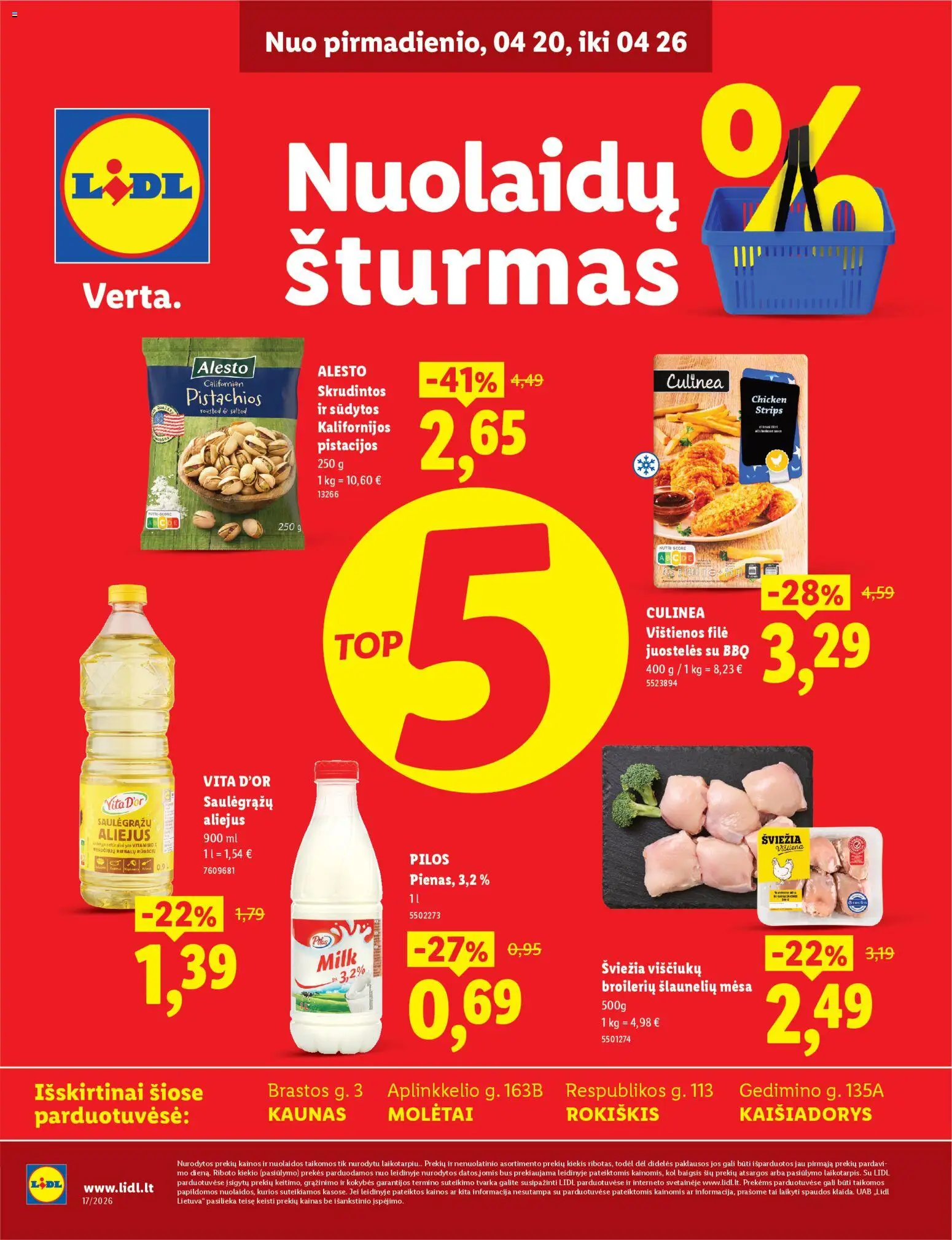 LIDL akcijos nuo 20.04.2026 | Puslapis: 1 | Prekių: Vištienos, Aliejus, Vištiena, Pistacijos