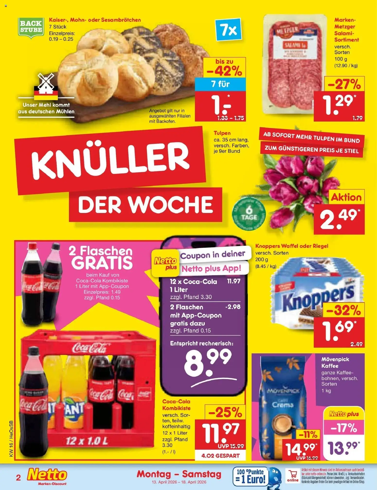 Netto Marken-Discount Prospekt Kröpelin	 – gültig ab 13.04.2026 | Seite: 2 | Produkte: Kaffee, Movenpick kaffee, Knoppers, Salami
