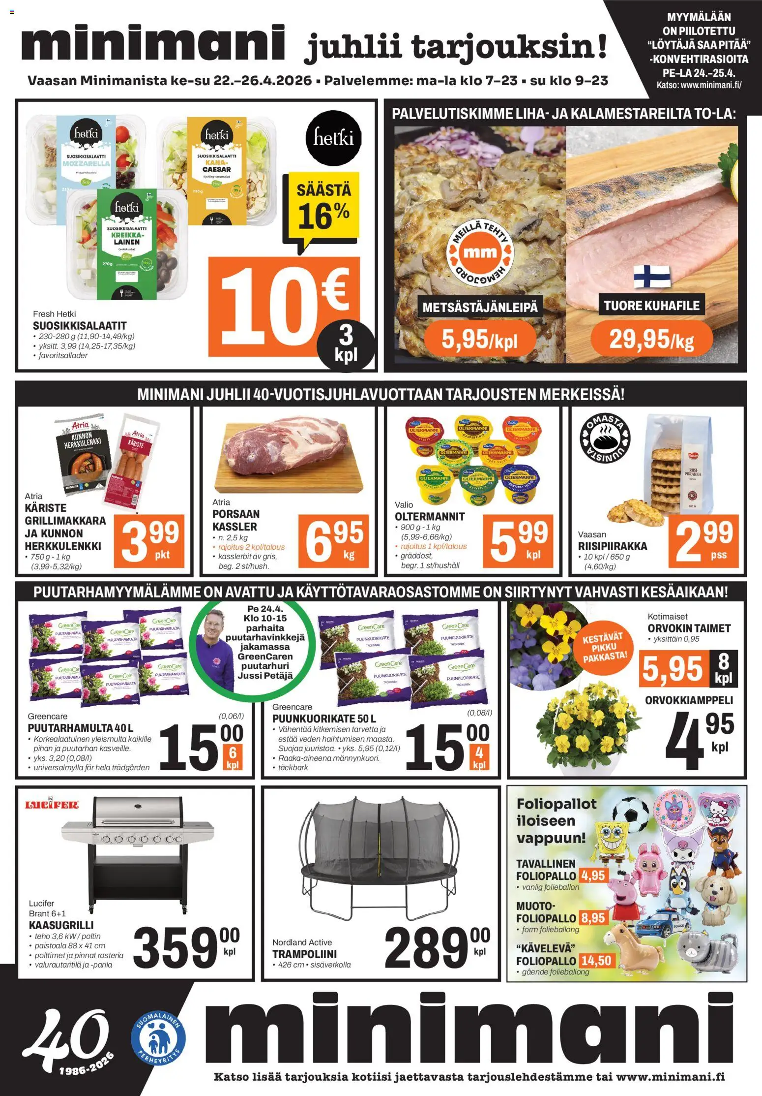Minimani Tarjoukset - Vaasa – voimassa 22.04.2026 alkaen | Sivu: 1 | Tuotteet: Mozzarella, Kaasugrilli, Grillimakkara, Trampoliini