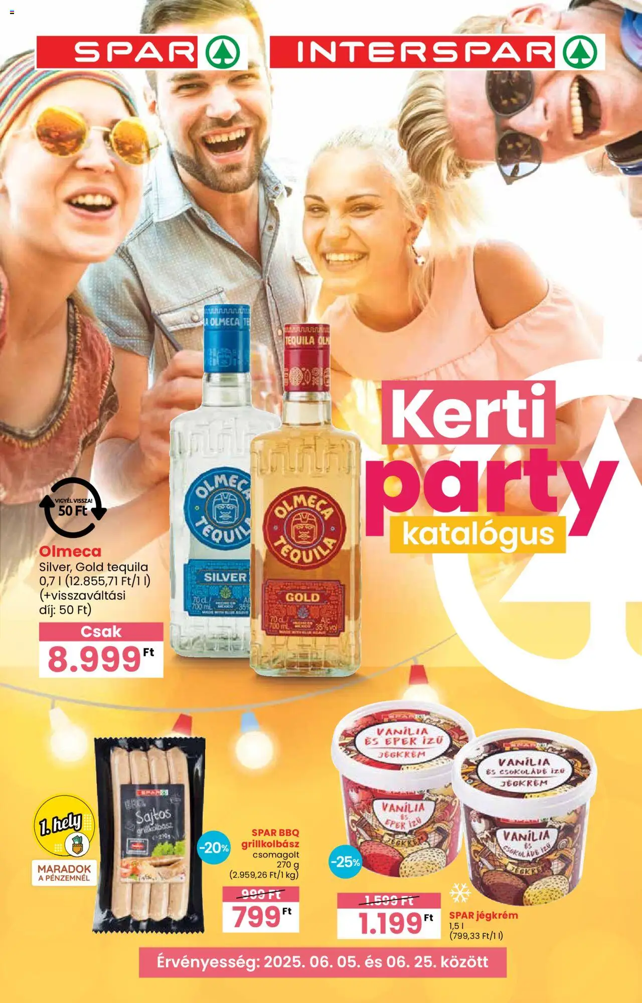 Spar akciós ujság - amely érvényes a következő dátumtól: 05.06.2025 | Oldal: 1 | Termékek: Grillkolbász, Csokoládé, Eper, Jégkrém