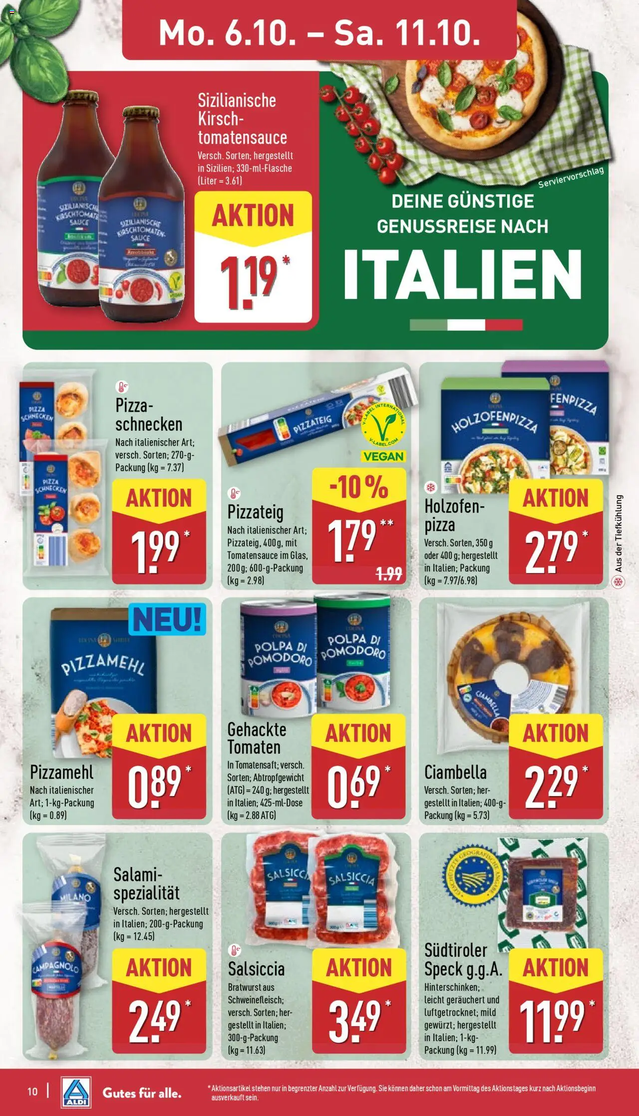 Aldi Prospekt 	 – gültig ab 06.10.2025 | Seite: 10 | Produkte: Bratwurst, Tomaten, Salami, Pizza
