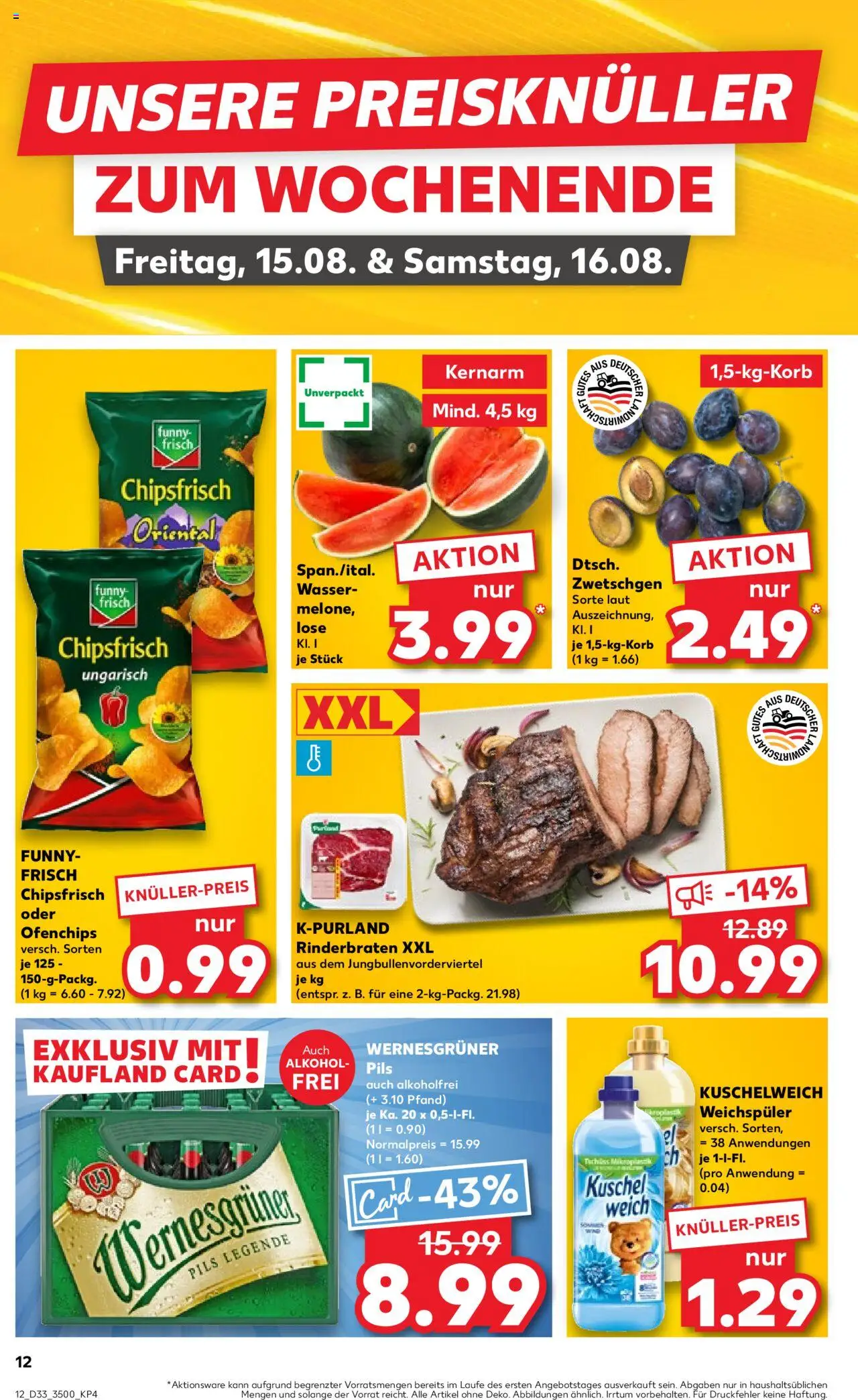 Kaufland prospekt Jena	 - gültig ab dem 14.08.2025 | Seite: 12 | Produkte: Rinderbraten, Pils, Kuschelweich, Wasser