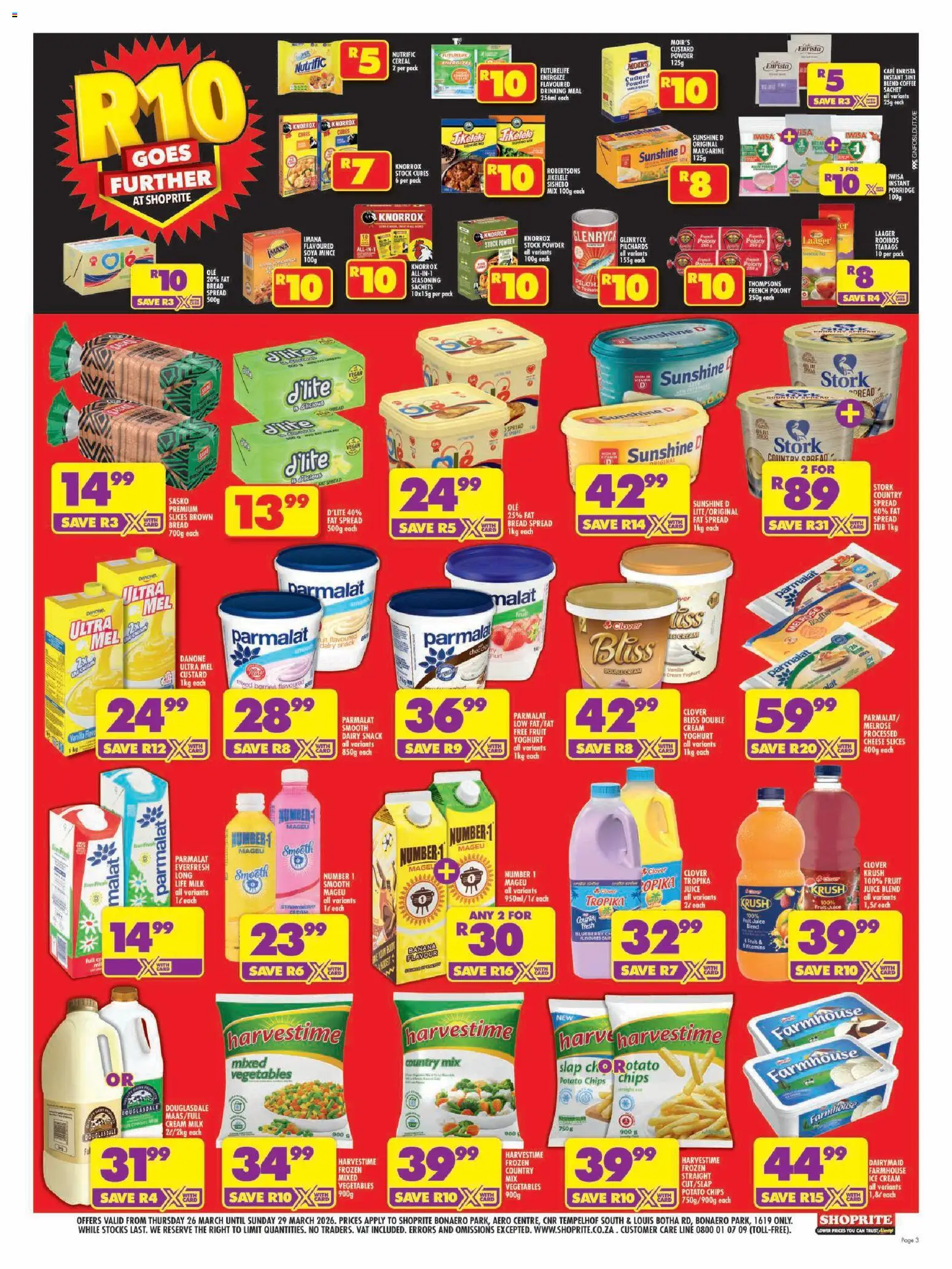 New Shoprite catalogue – valid from 26.03.2026 | Page: 3 | Products: Custard, Juice, Stock, Fat spread