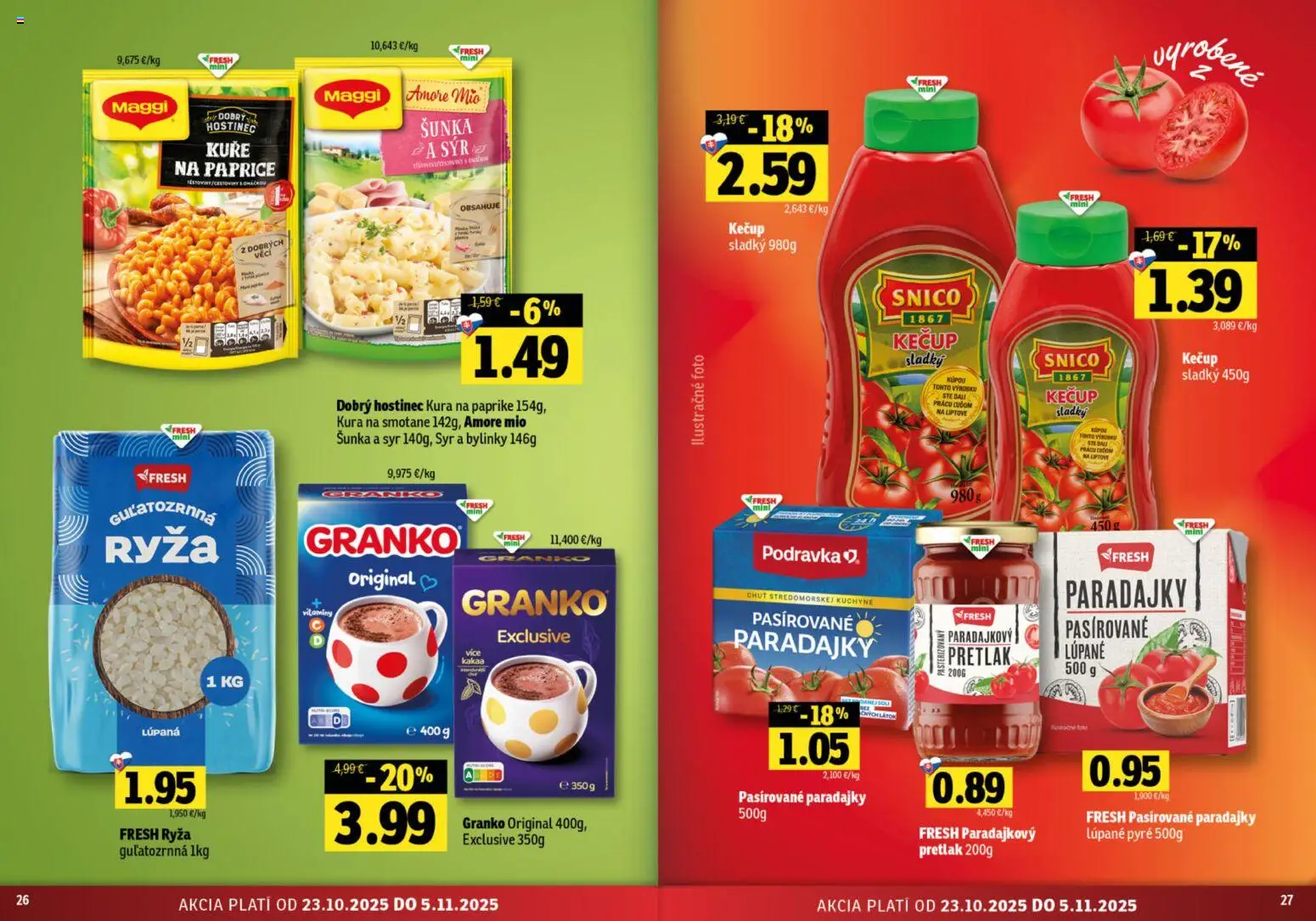 Nové Fresh akcie – leták je platný od 23.10.2025 | Strana: 14 | Produkty: Paradajky, Ryža, Kečup, Granko