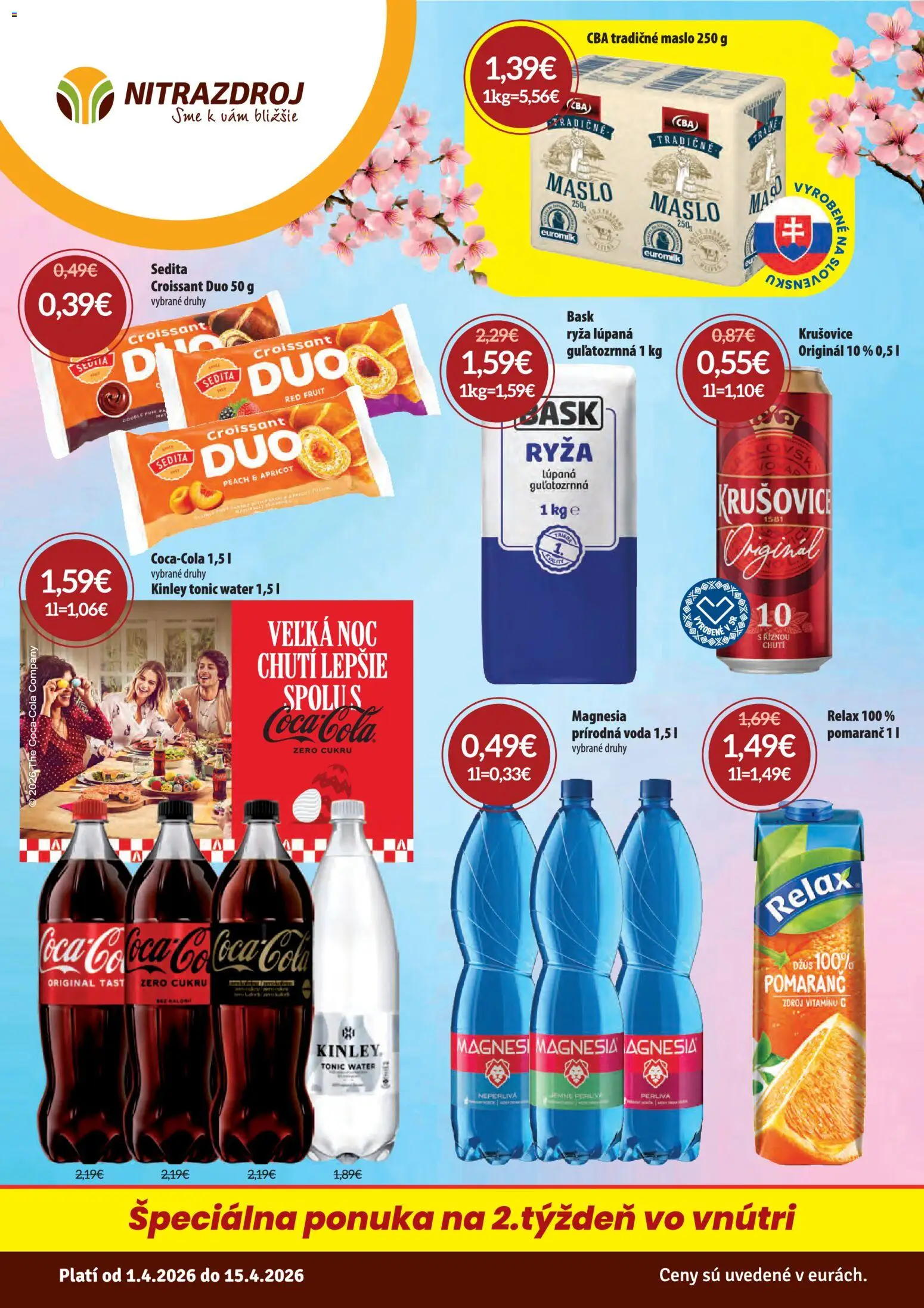Nové Nitrazdroj akcie – leták je platný od 01.04.2026 | Strana: 1 | Produkty: Maslo, Ryža, Croissant, Voda